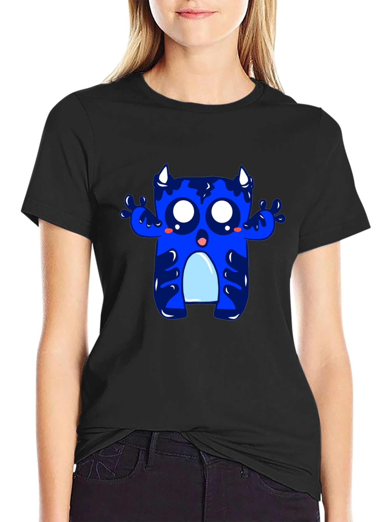 Black Cute Blue Monster Graphic Tee - Black Cotton T-Shirt view 2
