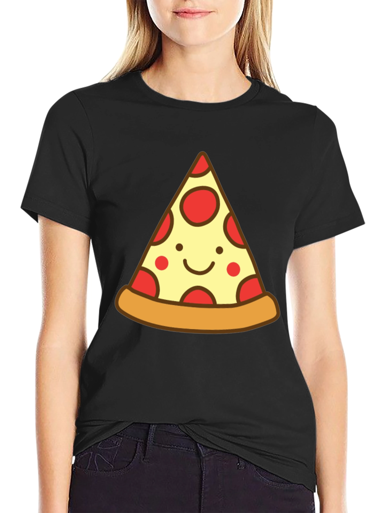 Black Cute Pizza Slice Graphic Tee - Unisex Black T-Shirt view 2