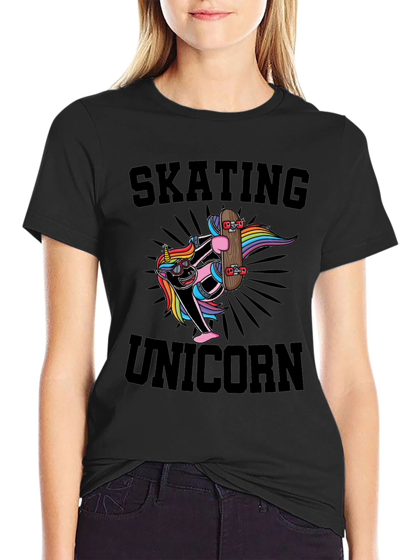 Black Skating Unicorn Black T-Shirt Cool Graphic Tee view 2