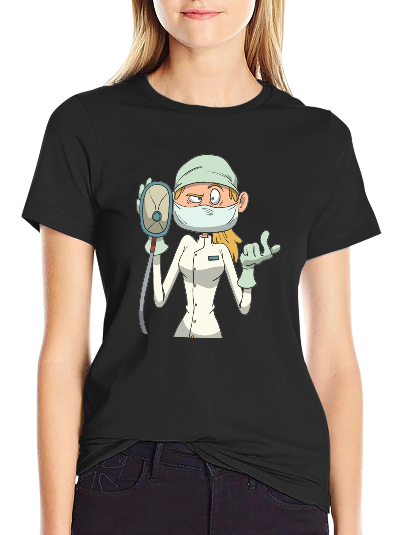 Black Cartoon Nurse T-Shirt - Unisex Black Tee view 2