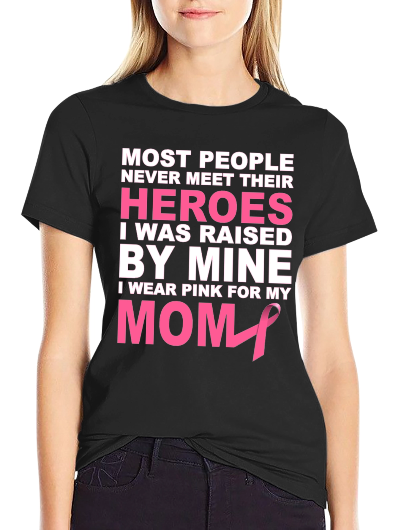 Black Pink Ribbon Mom Hero T-Shirt view 2