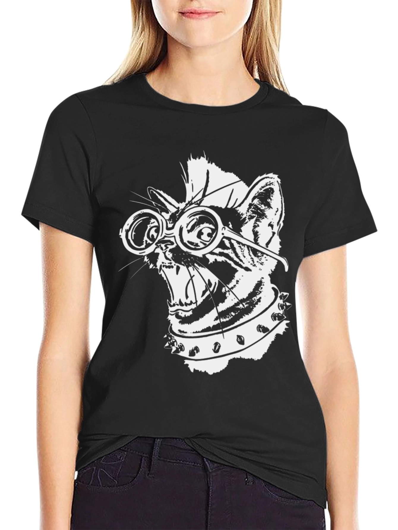 Black Punk Rock Cat T-Shirt - Cool Graphic Tee view 2