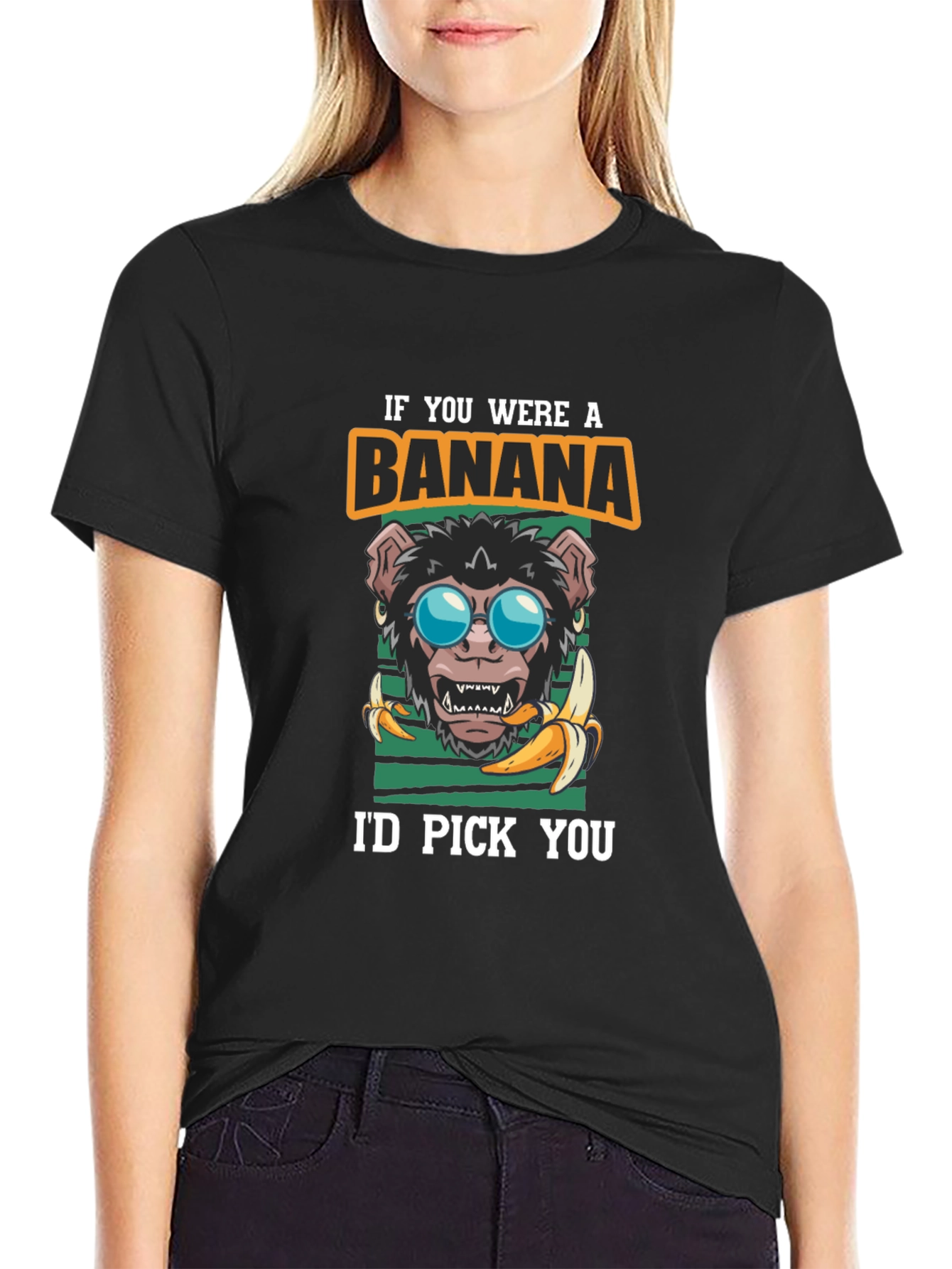 Black Funny Monkey Banana T-Shirt - I'd Pick You Graphic Tee view 2