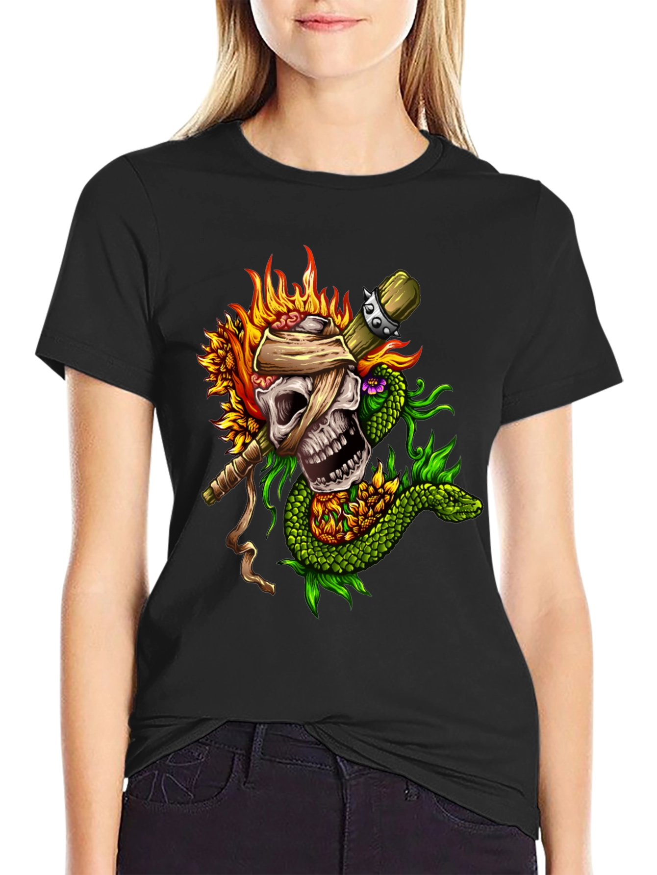 Skull, Snake, Sunflowers Black T-Shirt - 2