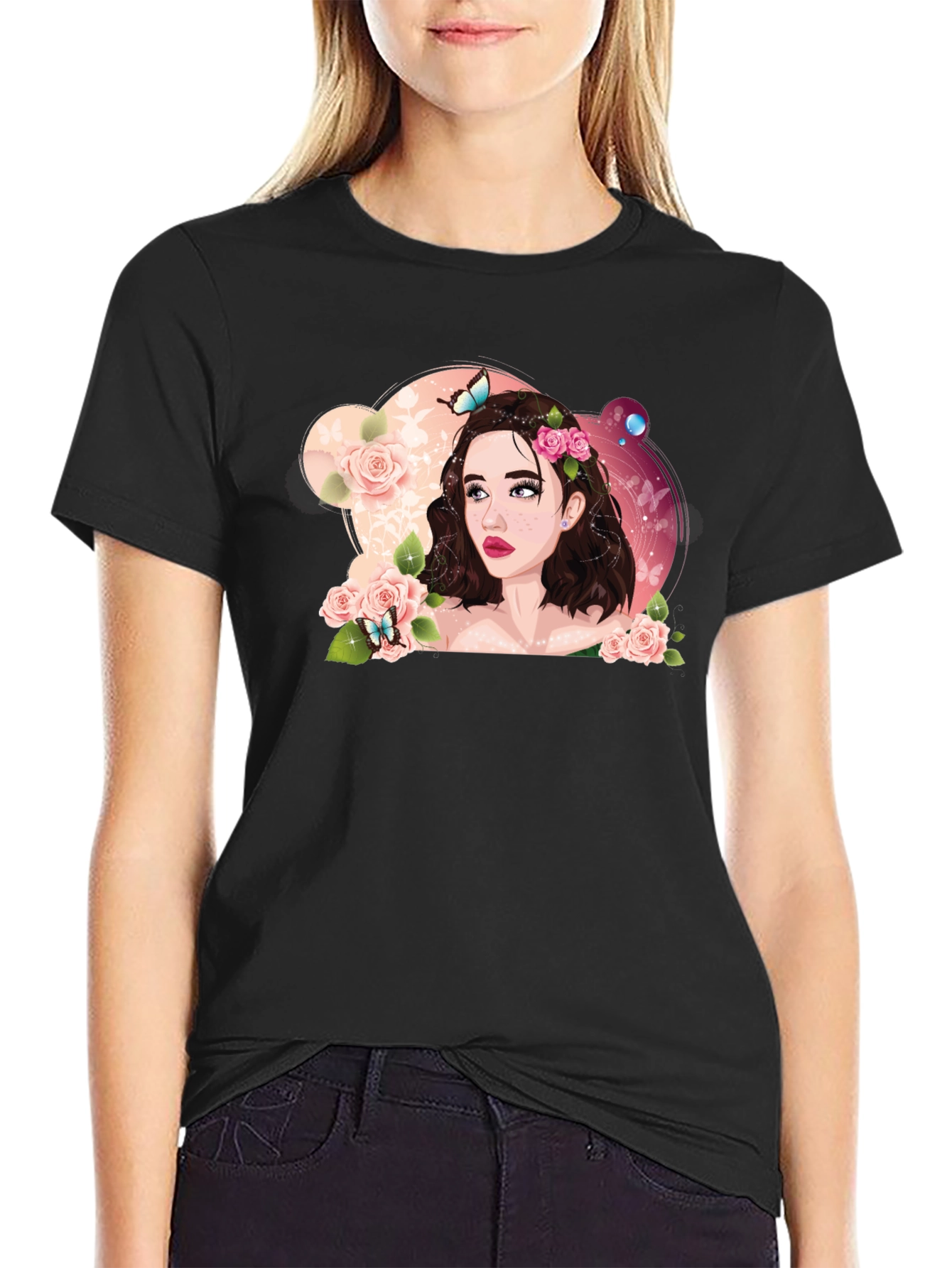 Black Floral Portrait Black T-Shirt view 2