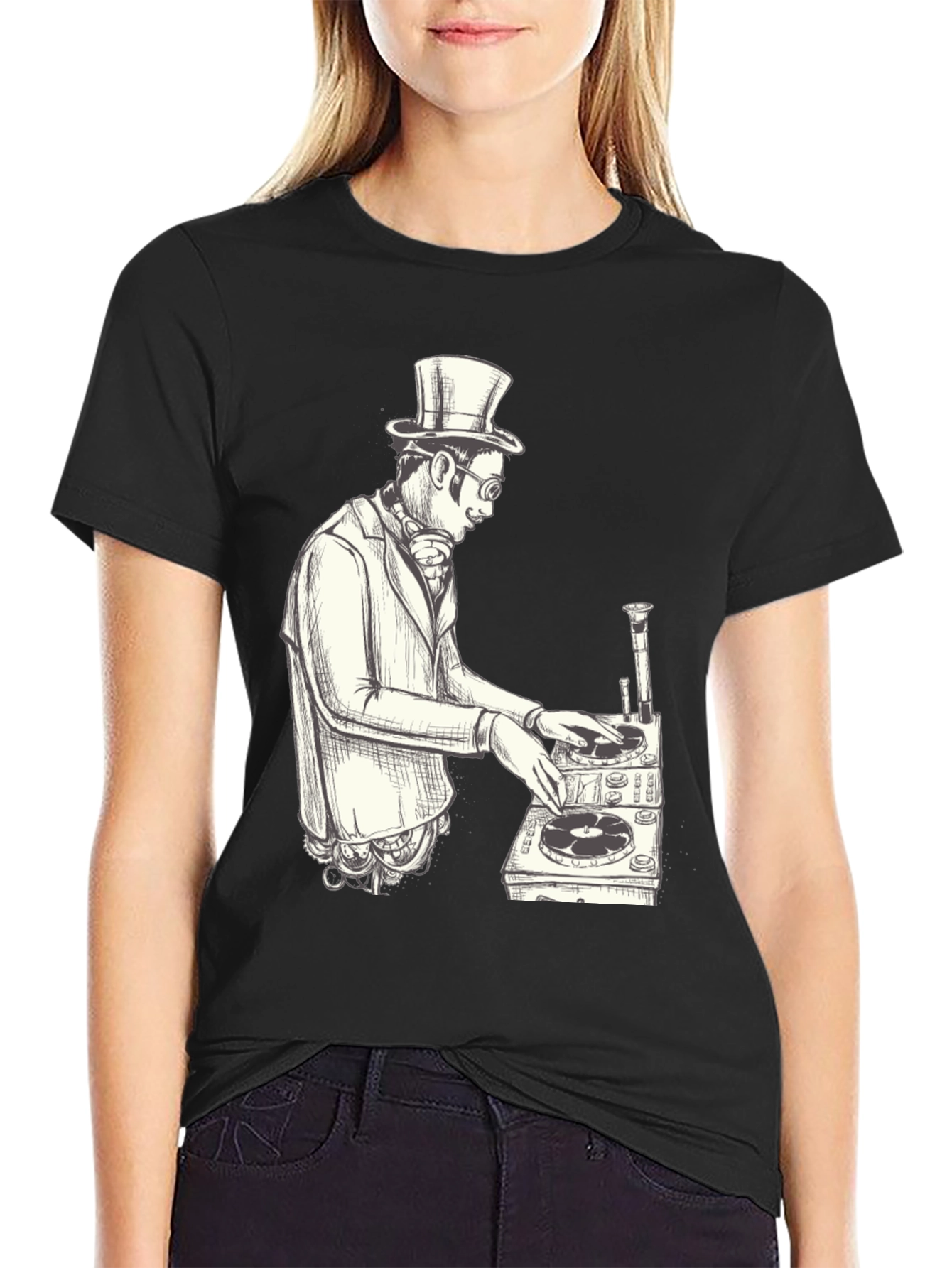 Black Steampunk DJ Graphic T-Shirt - Black view 2