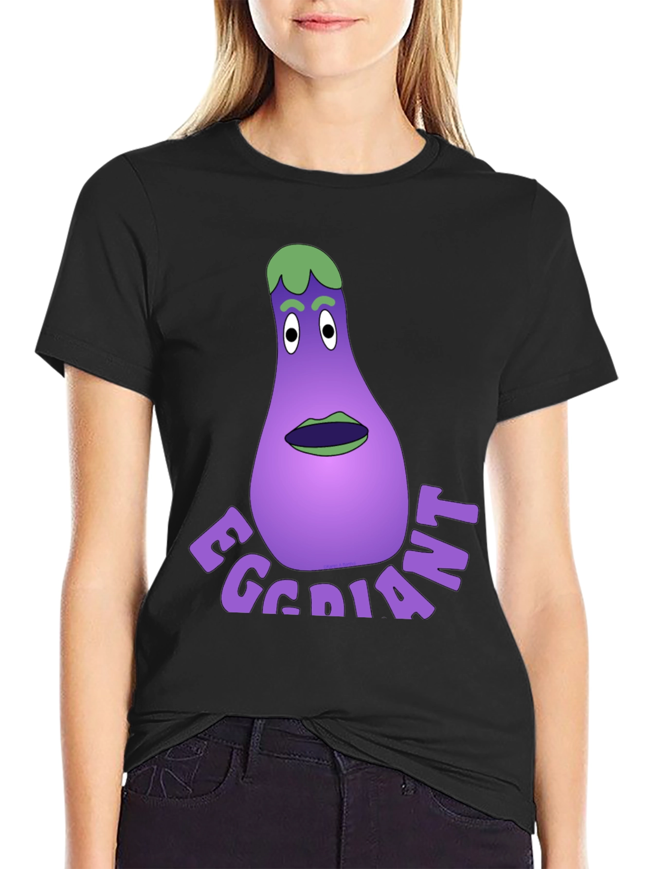 Black Eggdiant Funny Cartoon T-Shirt view 2