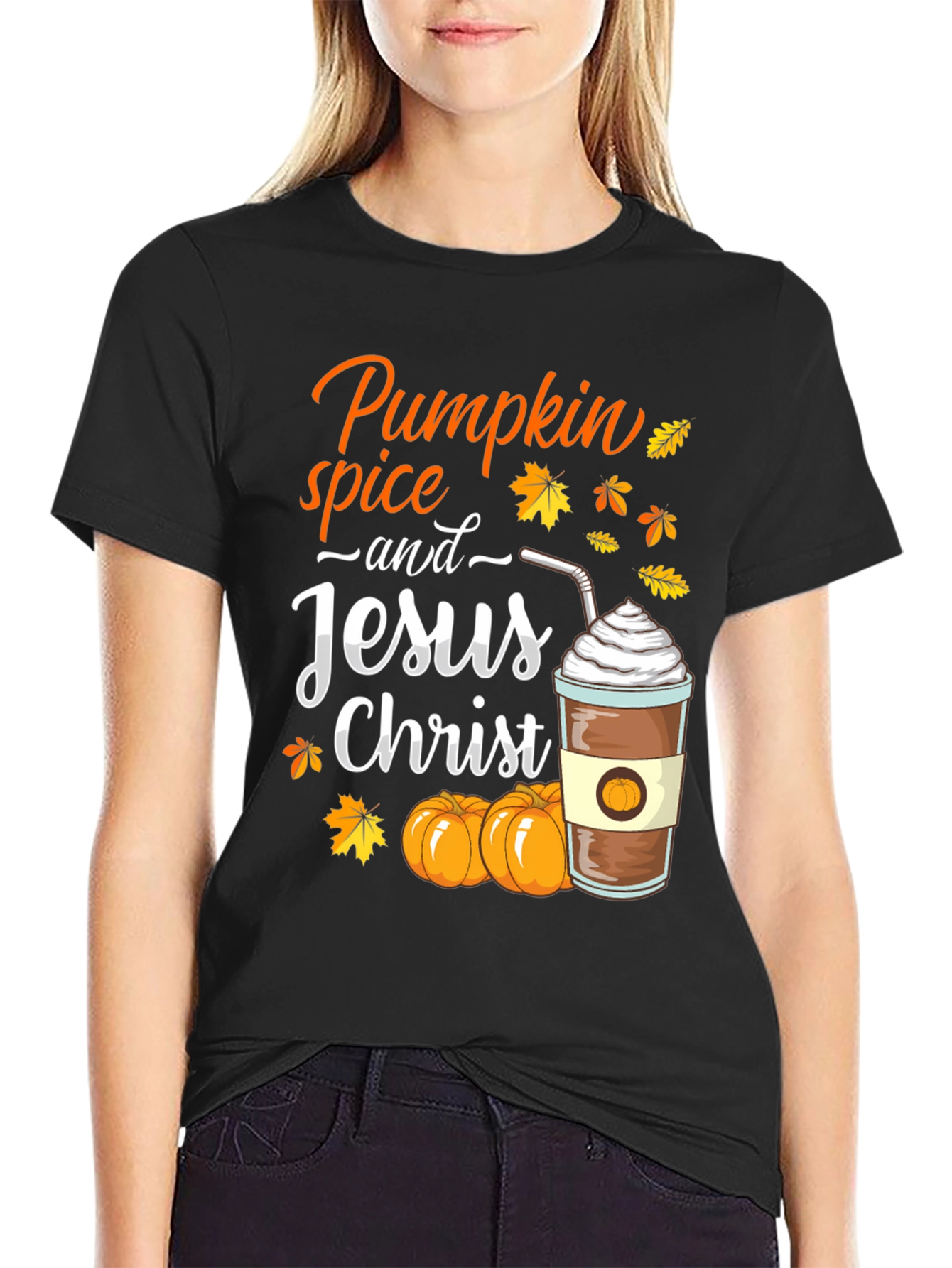 Black Pumpkin Spice and Jesus Christ T-Shirt view 2
