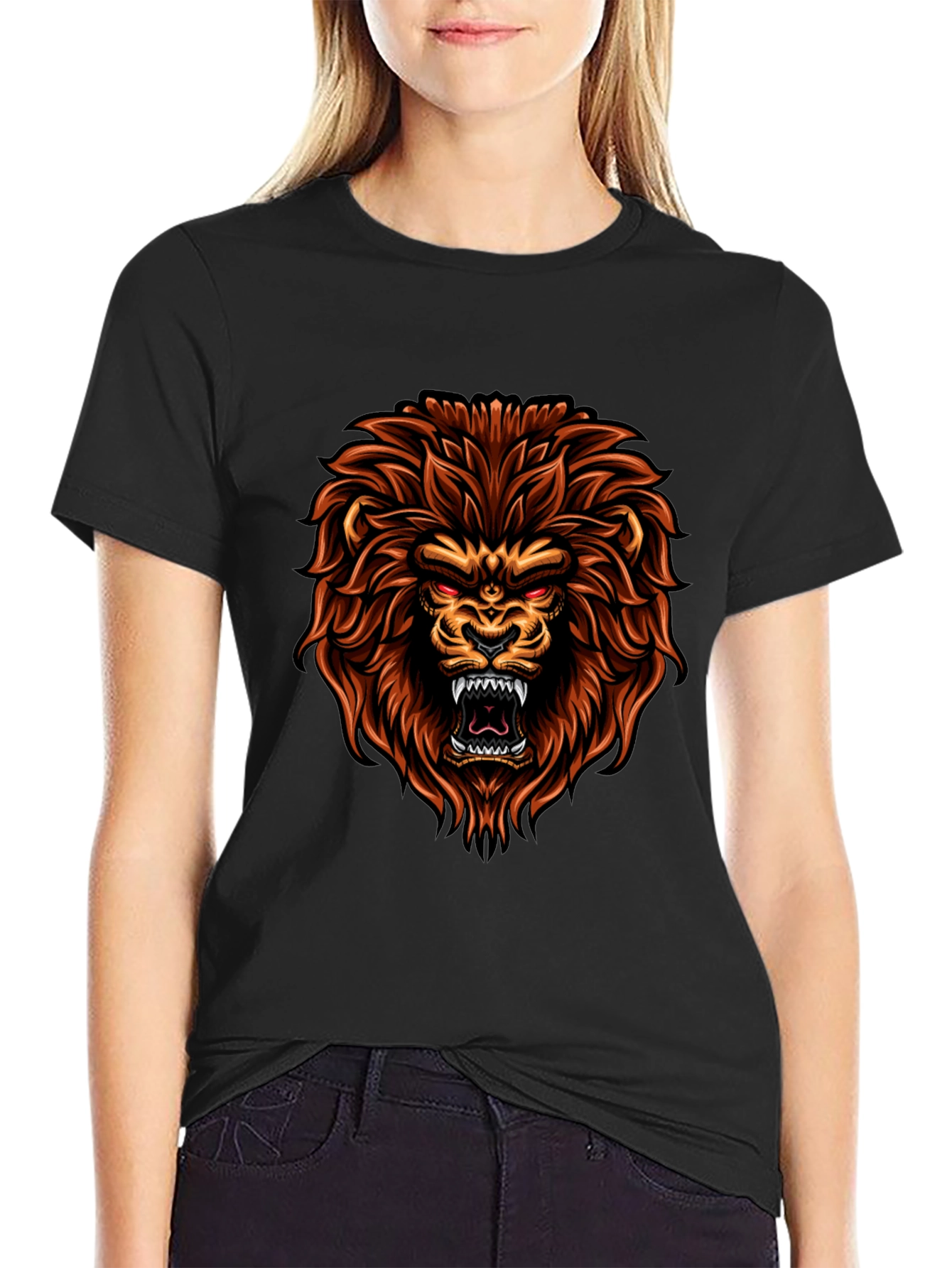 Black Lion Graphic Print Crew Neck T-Shirt view 2