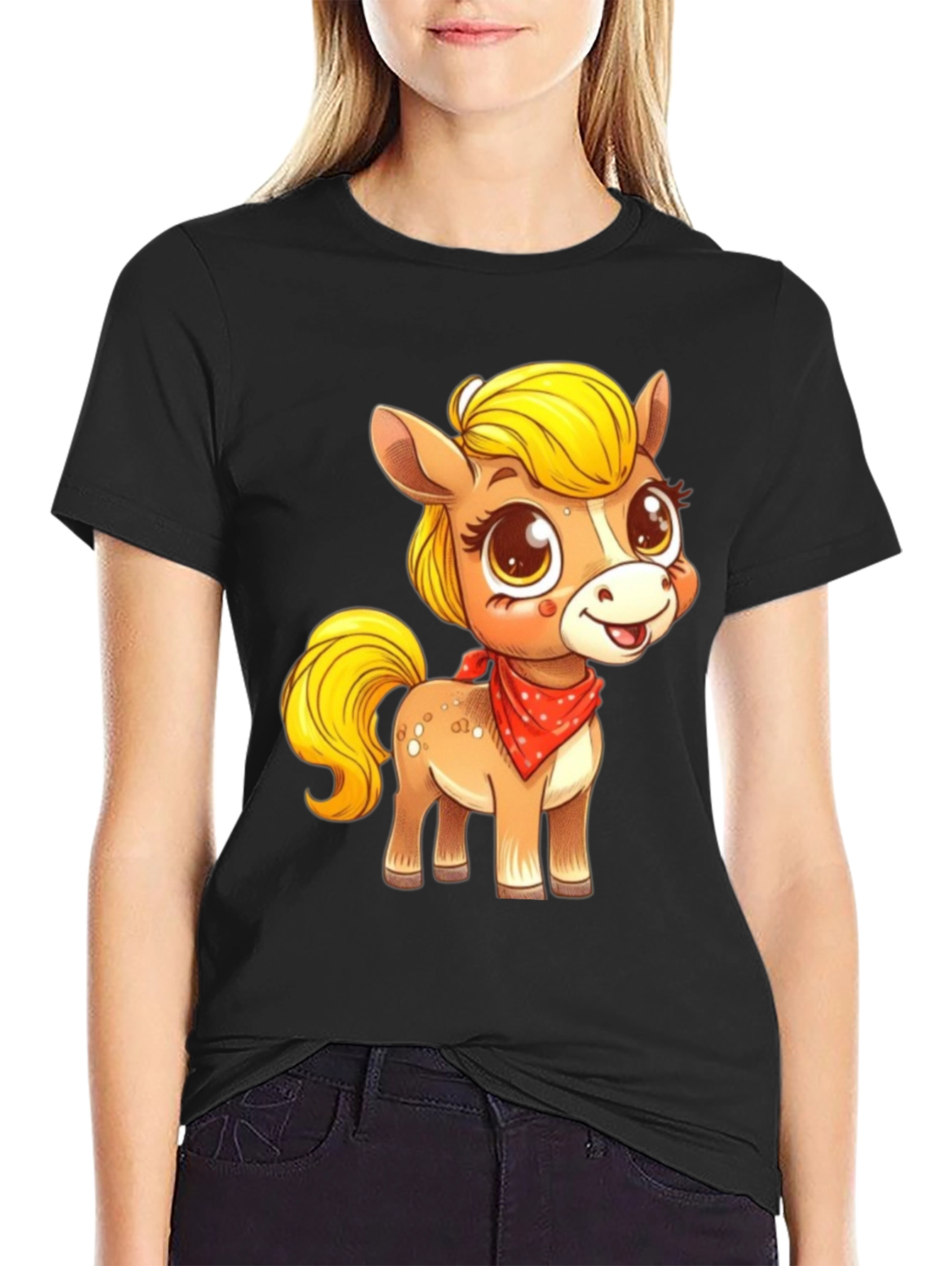 Black Cute Pony Cartoon Graphic Black T-Shirt view 2