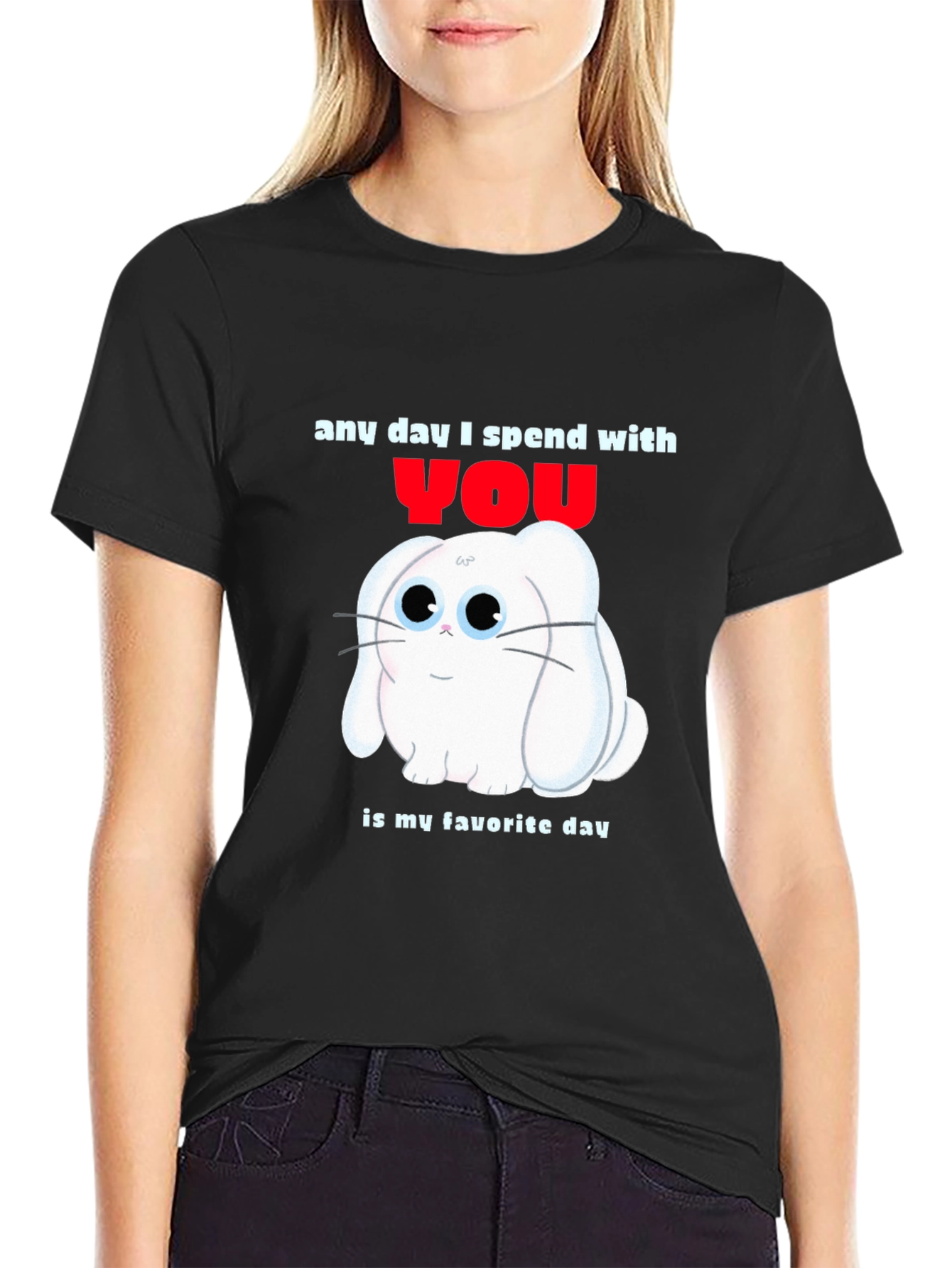 Black Any Day With You T-Shirt - Cute Bunny Design view 2