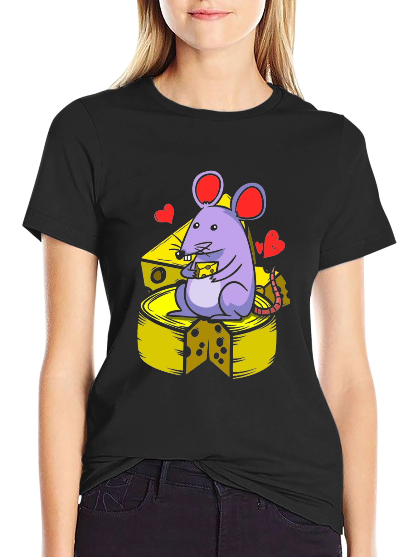 Black Funny Mouse & Cheese Graphic Tee - Unisex Black T-Shirt view 2