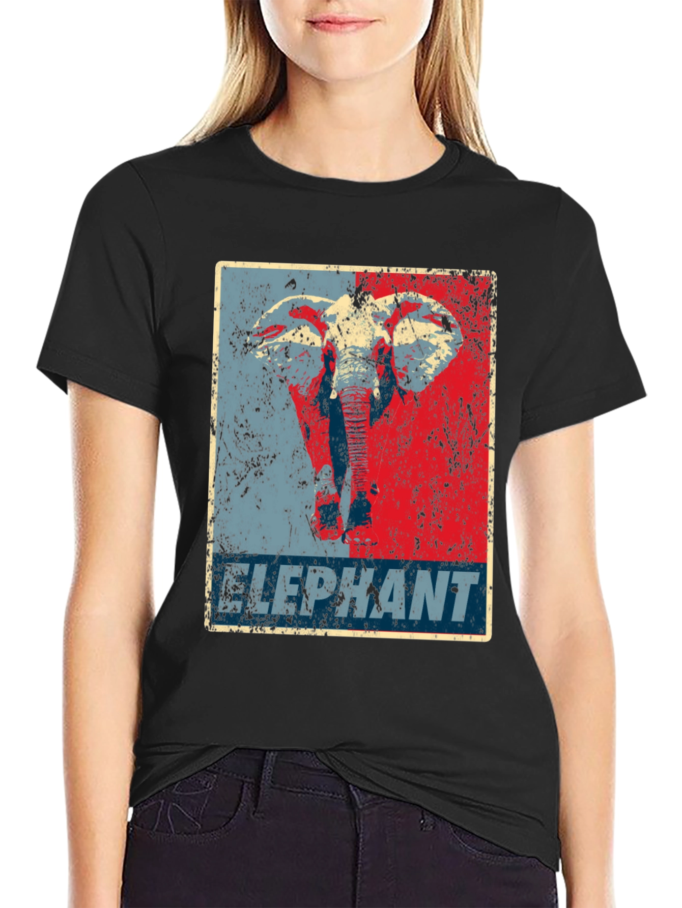 Black Elephant Graphic Print Crew Neck T-Shirt view 2