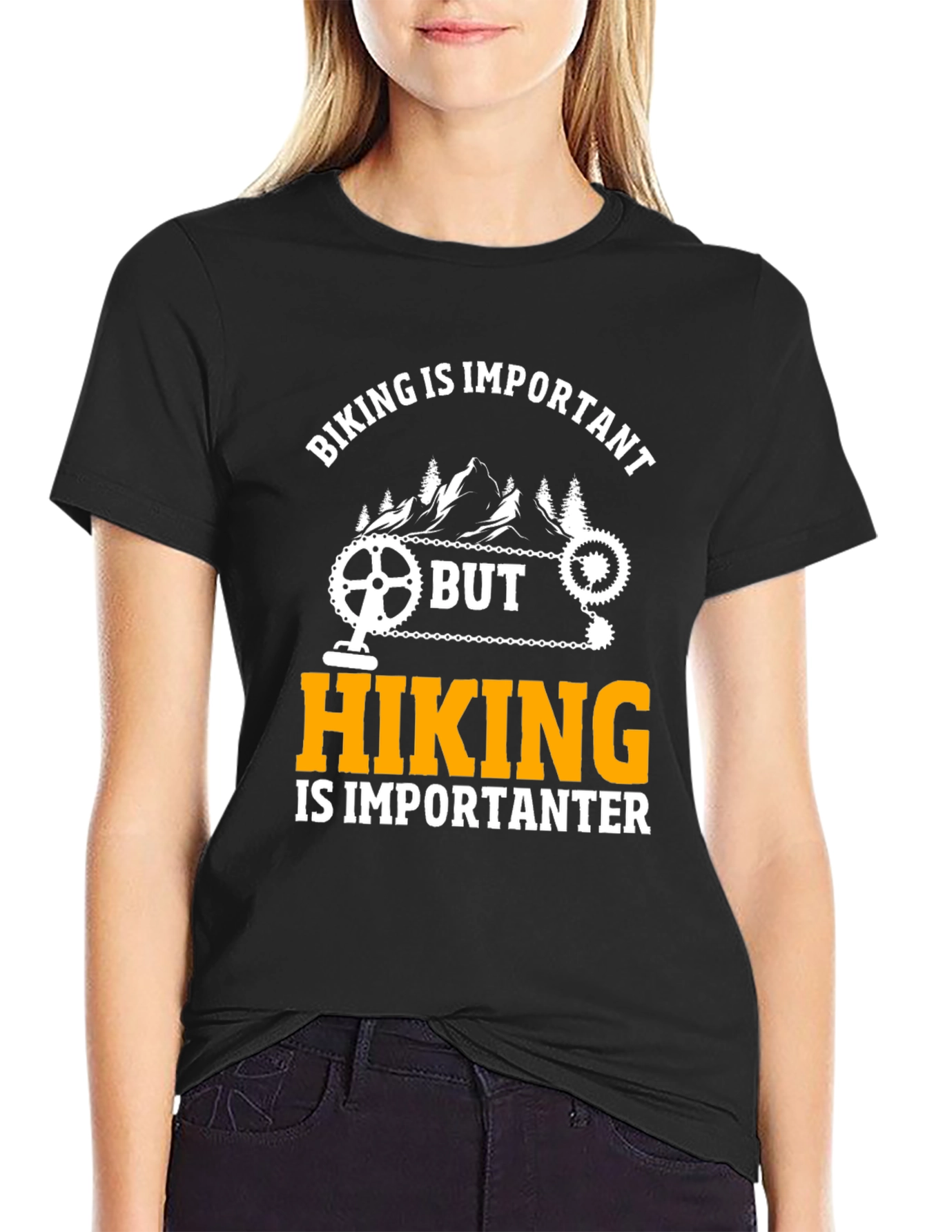Black Funny Biking and Hiking Graphic T-Shirt view 2