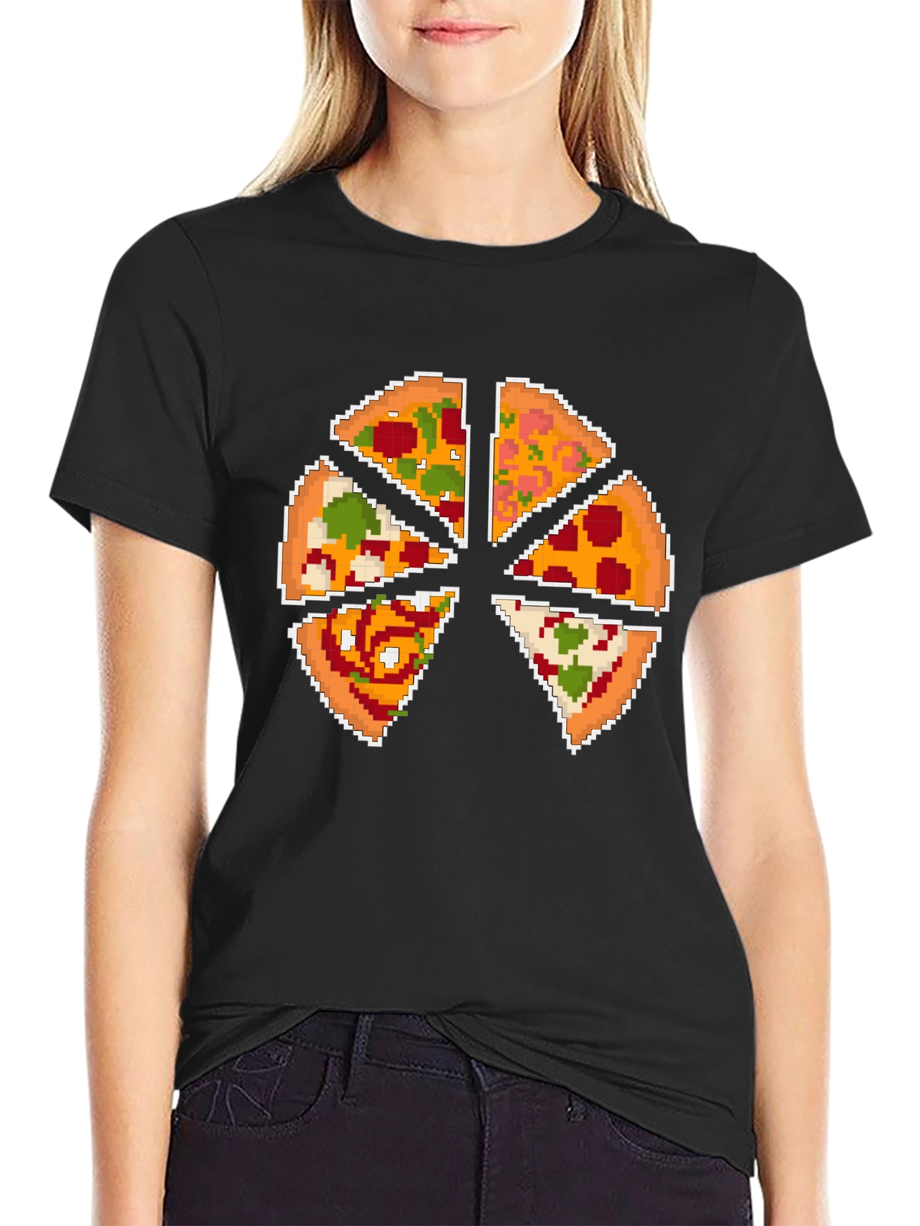 Black Pixel Pizza Slice Graphic T-Shirt - Fun Novelty Tee view 2