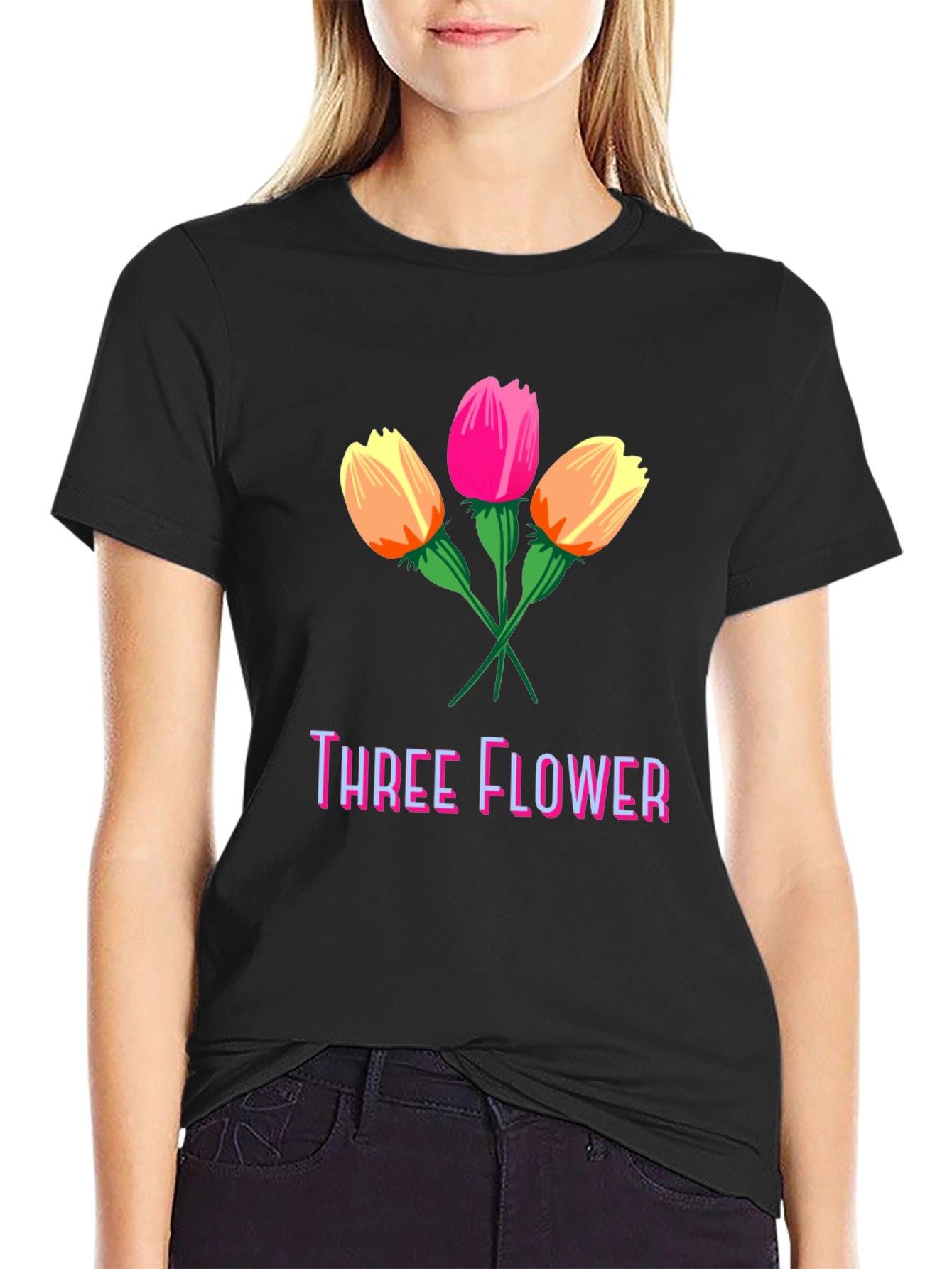 Black Three Flower Graphic T-Shirt - Stylish Cotton Tee view 2