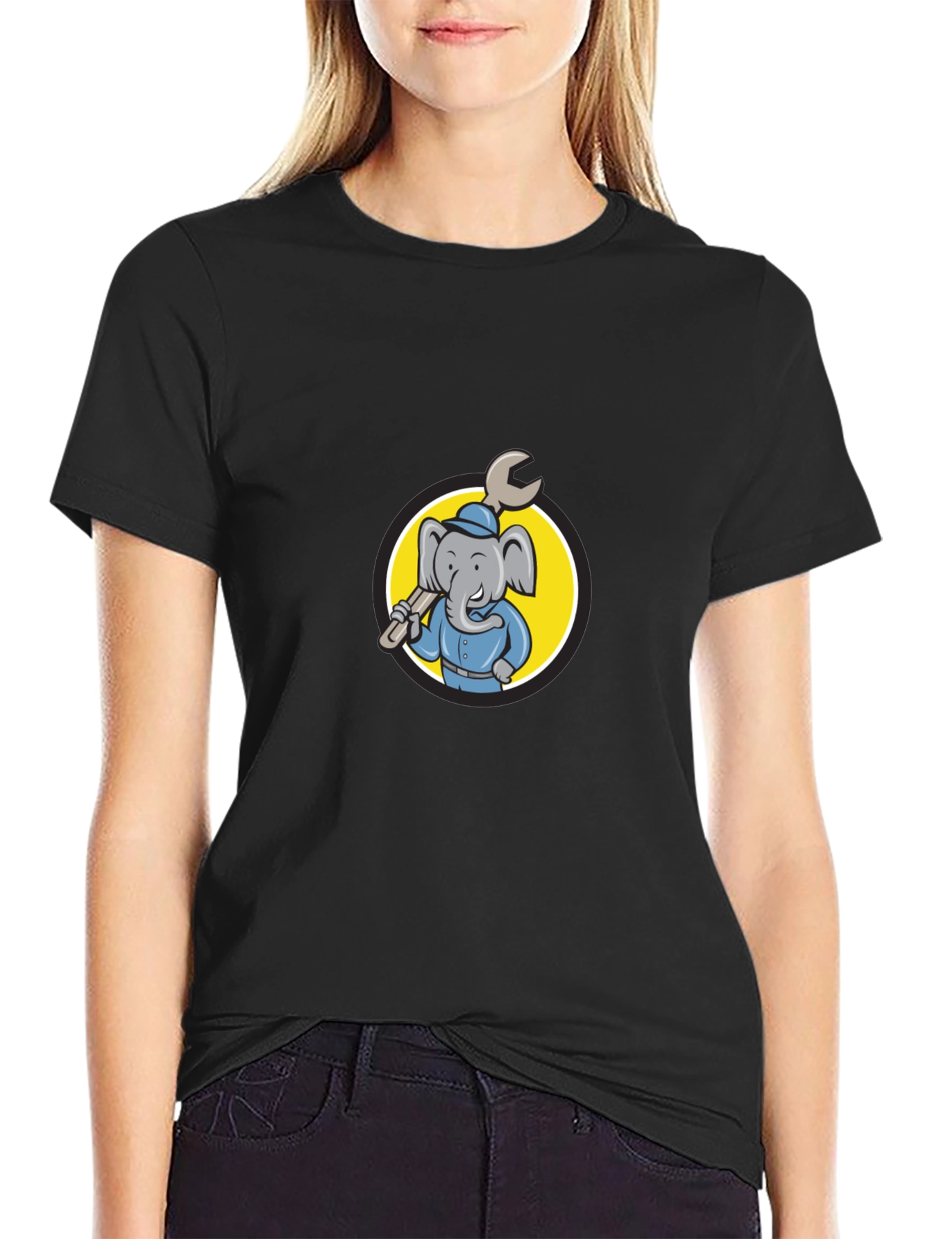 Black Elephant Mechanic T-Shirt - Cartoon Animal Tee view 2