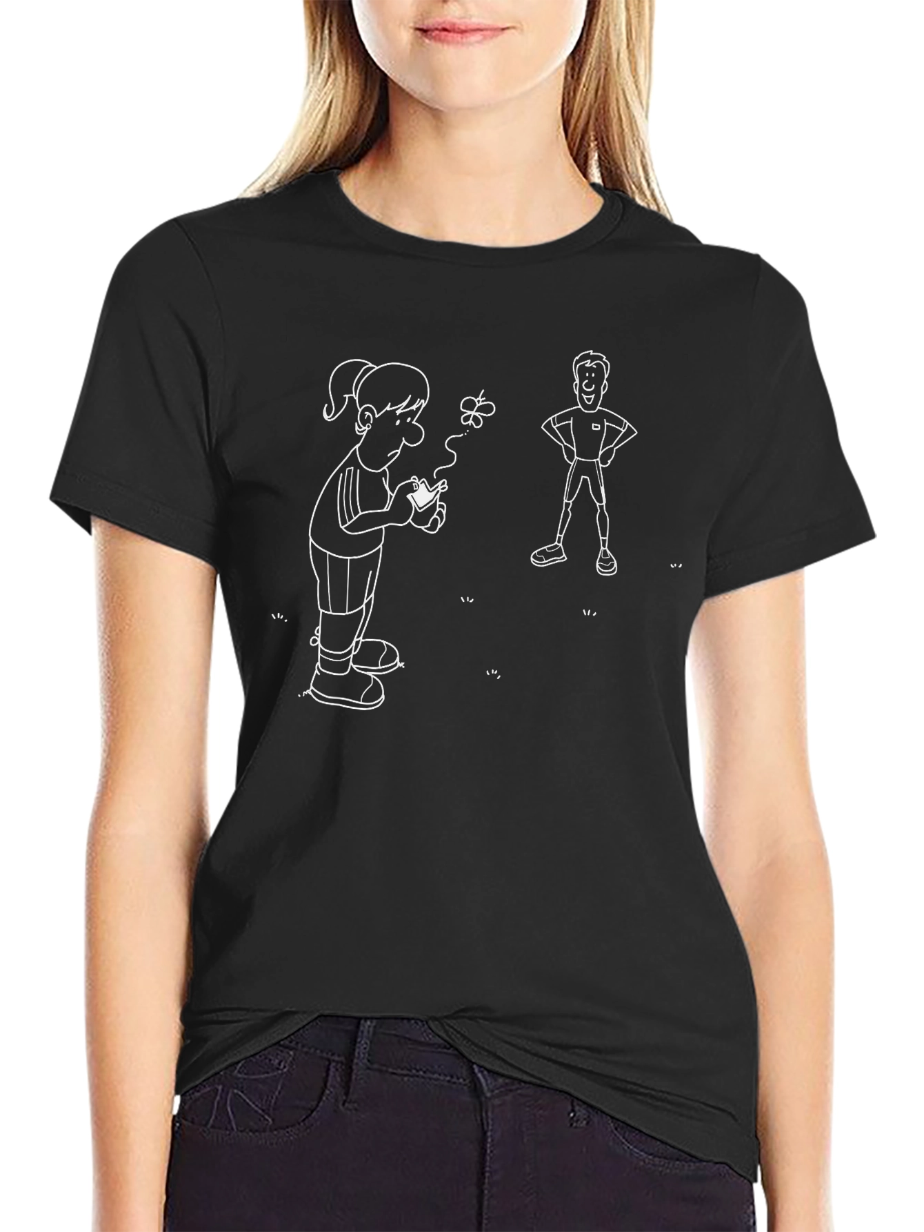 Black Funny Black T-Shirt with Cartoon Graphic view 2