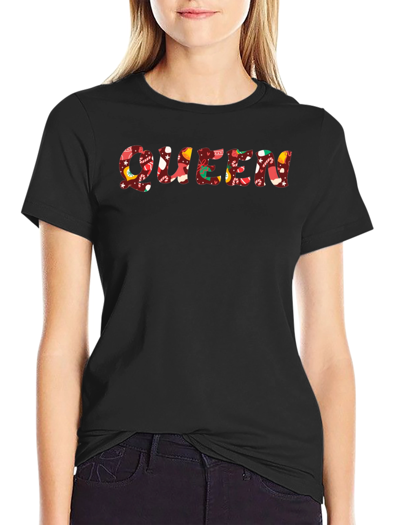Black Queen Christmas Pattern Black T-Shirt view 2