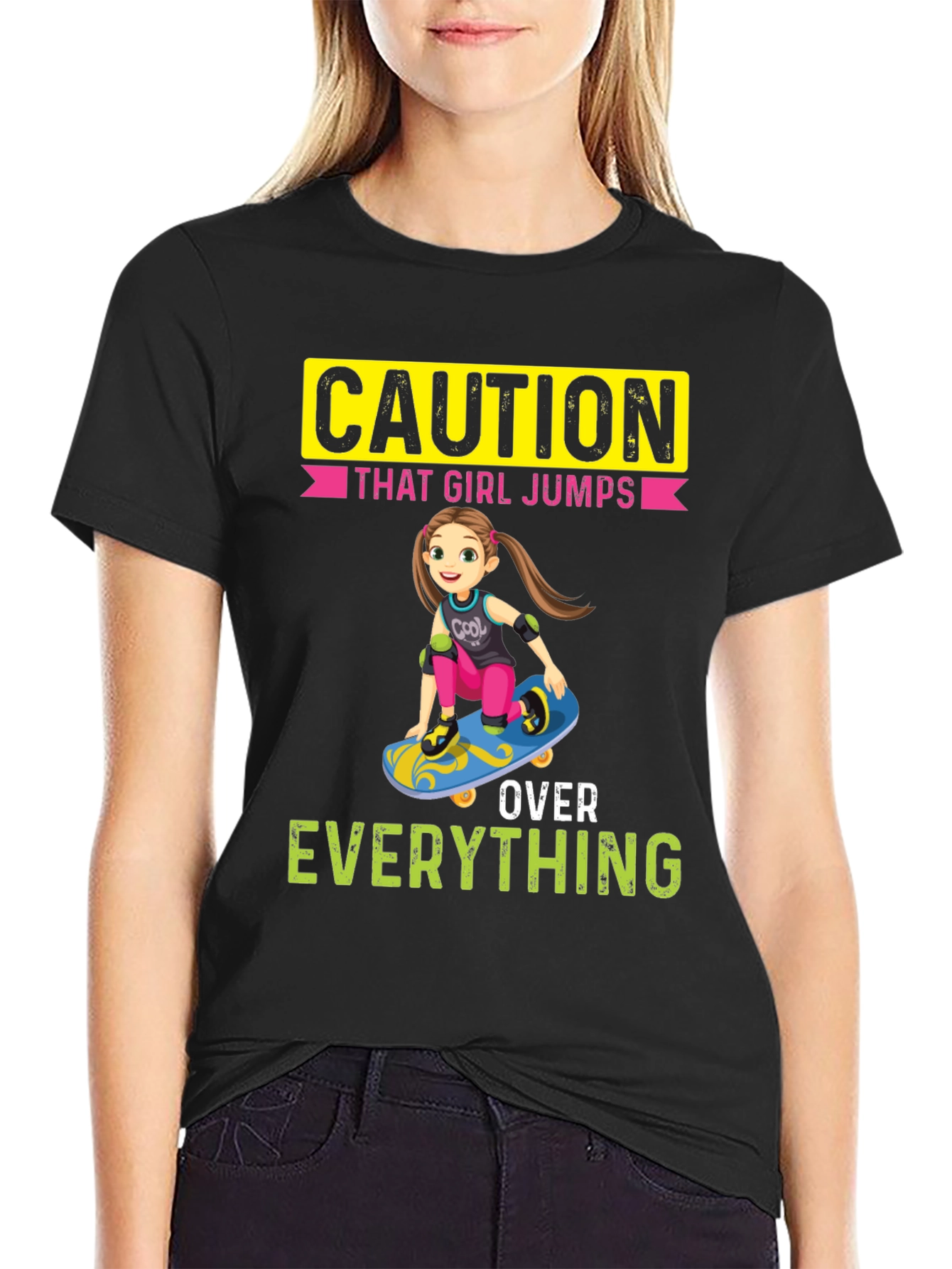 Black Caution: That Girl Jumps Over Everything Graphic Tee view 2
