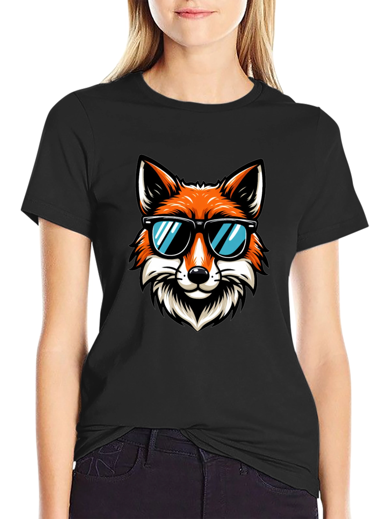 Black Cool Fox Graphic T-Shirt - Black Cotton Tee view 2