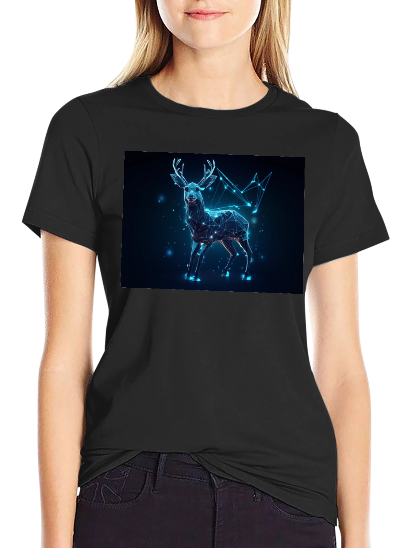 Black Geometric Deer Graphic Tee - Black Crew Neck view 2