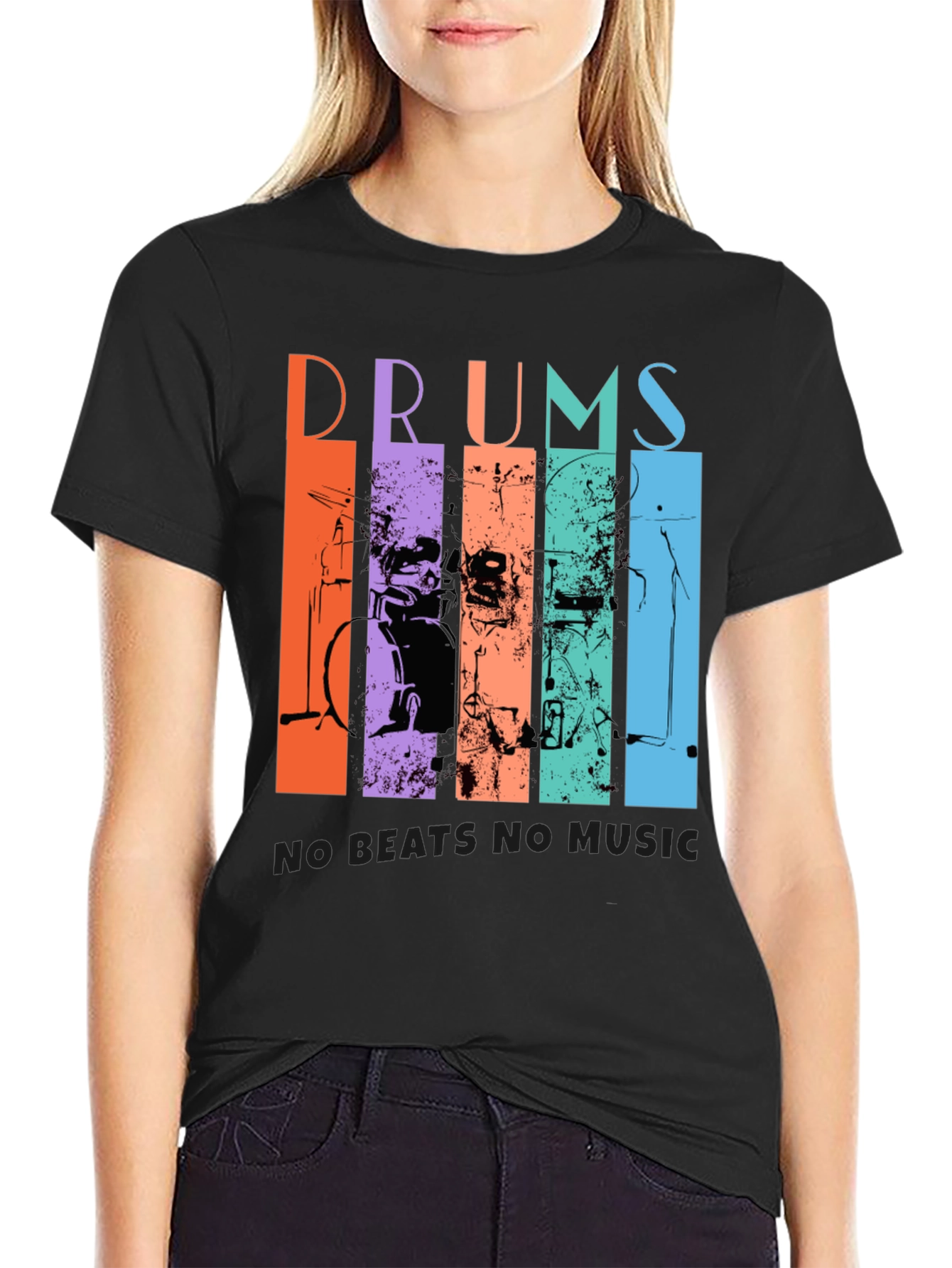 Black Colorful Drums Music Graphic T-Shirt view 2