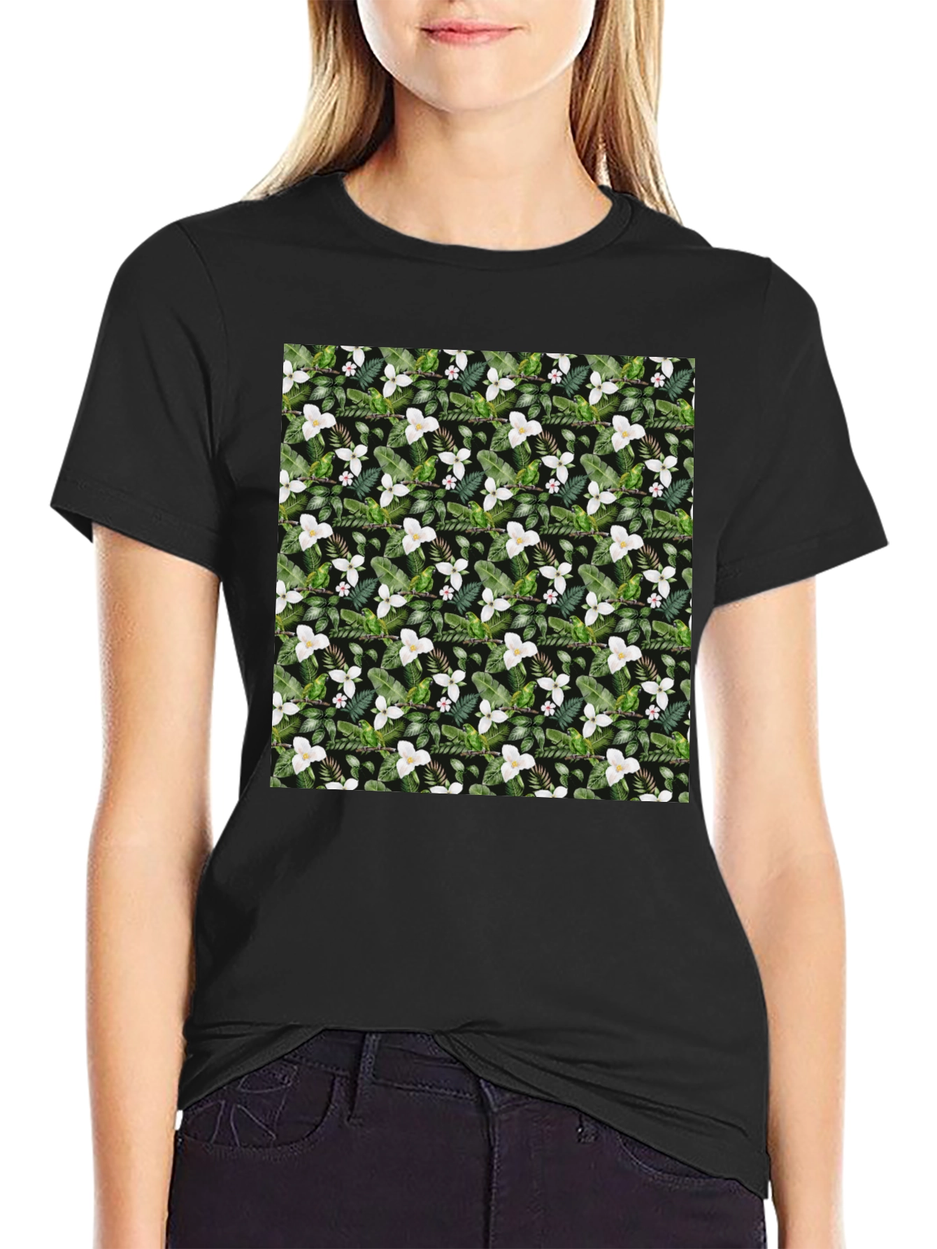 Black Floral Print T-Shirt - Botanical Design view 2