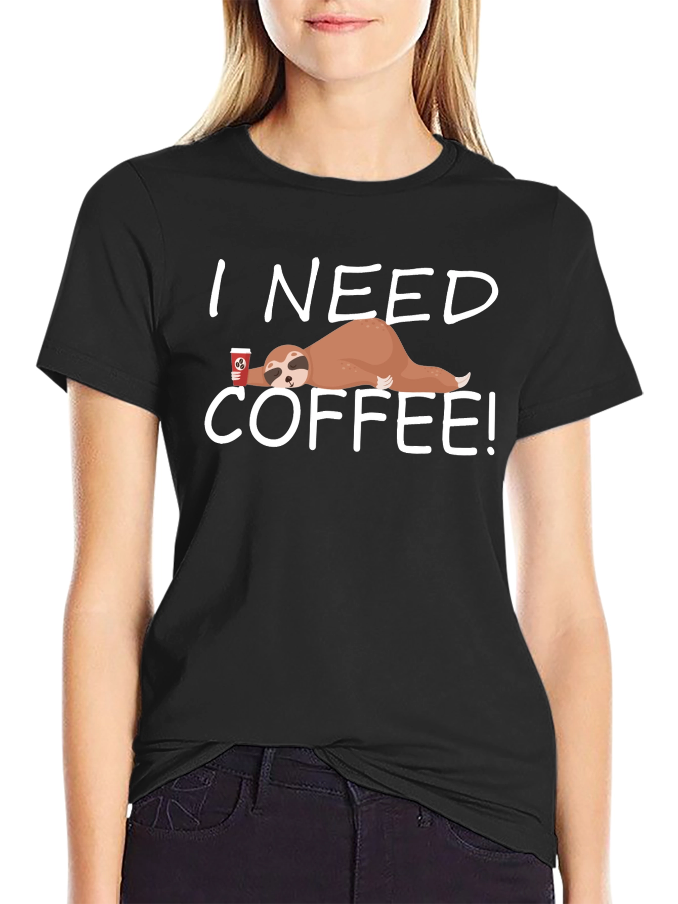 Black I Need Coffee Sloth T-Shirt - Funny & Comfy view 2