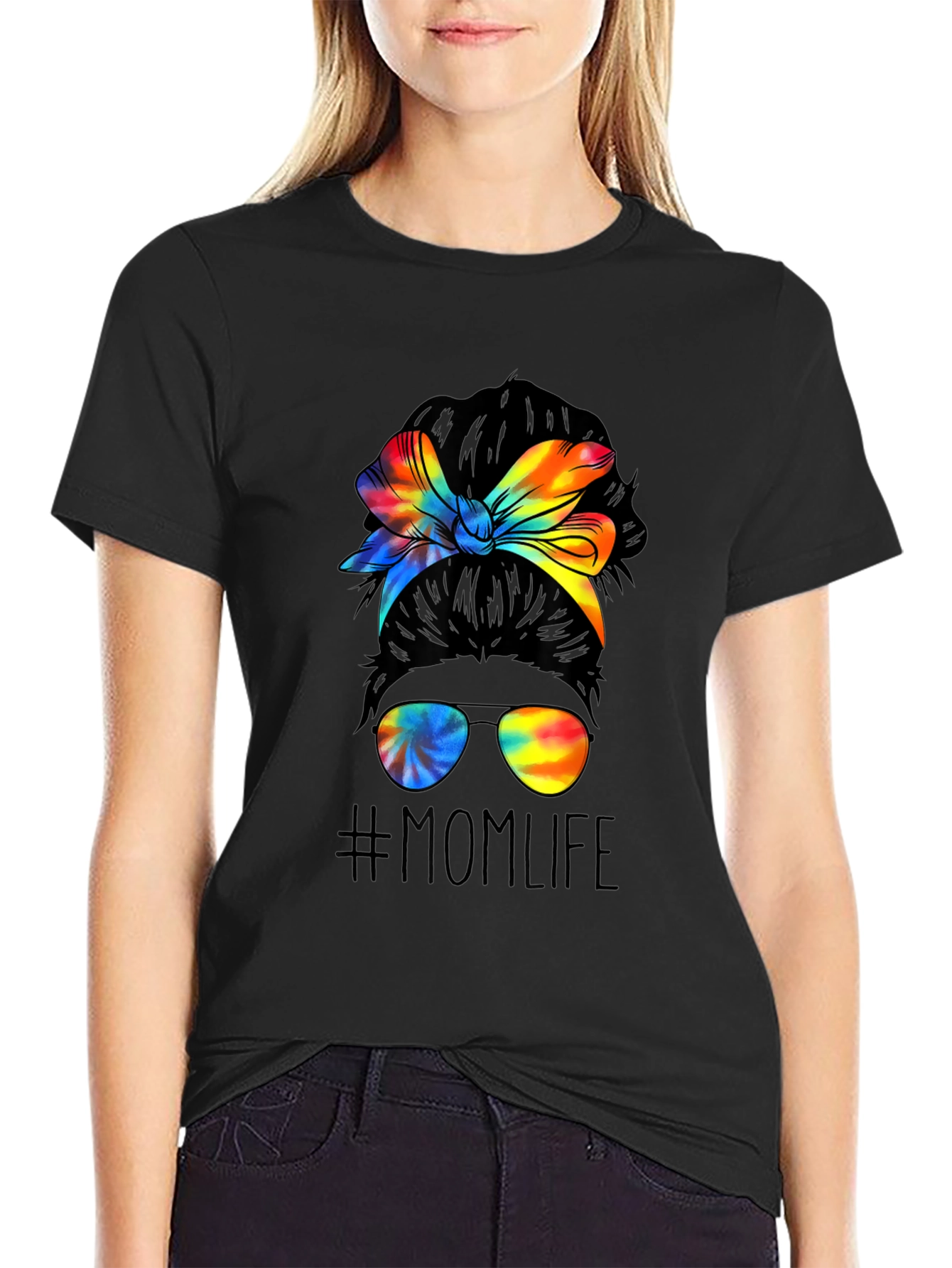 Black Mom Life Tie Dye Messy Bun Graphic Tee view 2