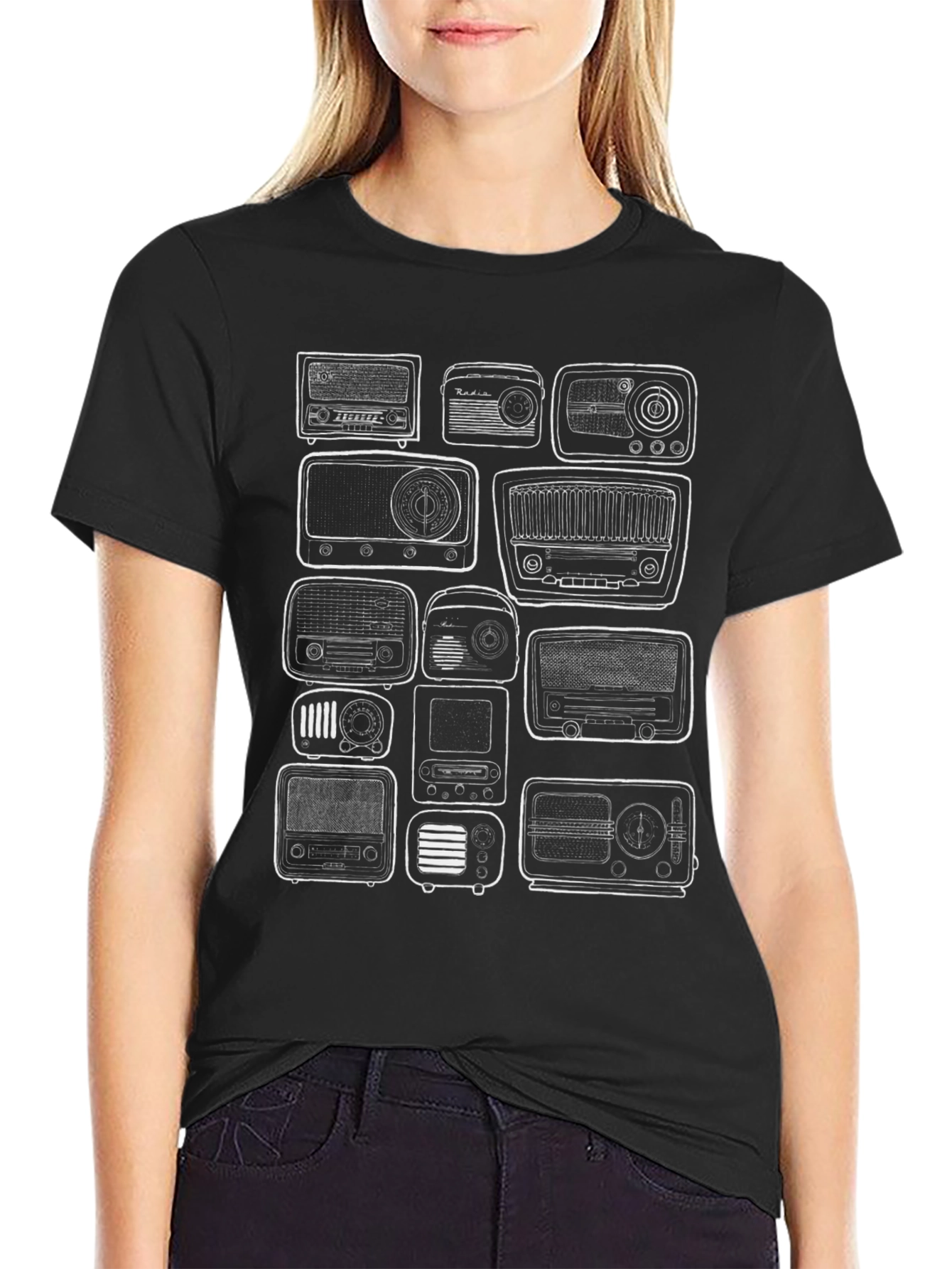 Black Vintage Radio Print Black T-Shirt view 2