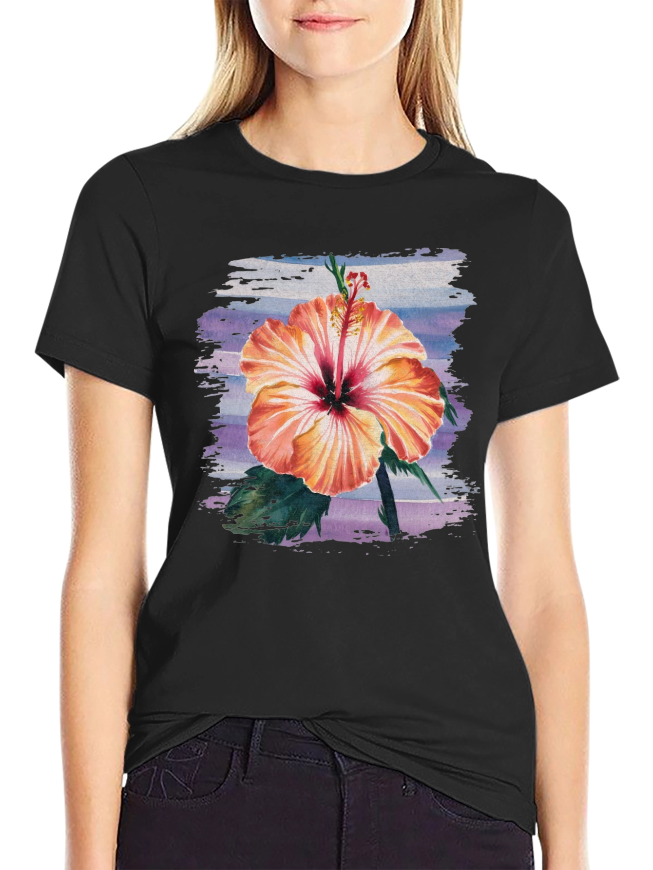 Black Hibiscus Flower Graphic Black T-Shirt view 2