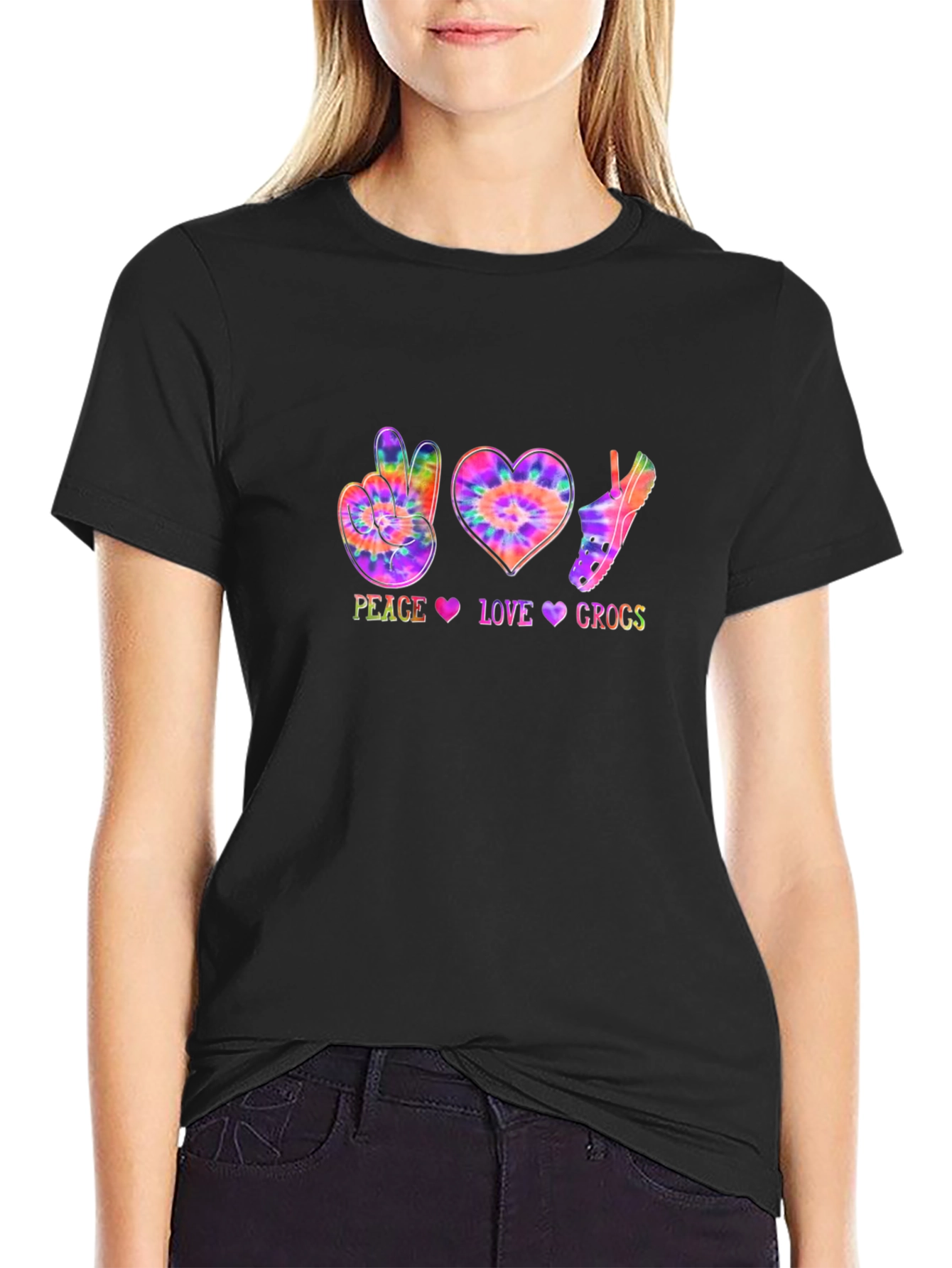 Black Peace Love Crocs Tie-Dye Graphic T-Shirt view 2