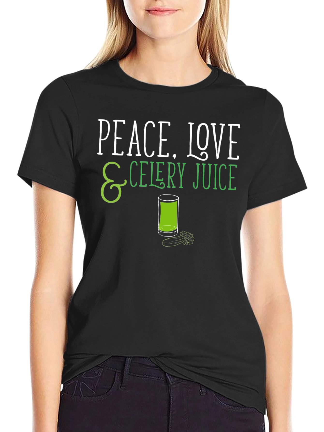 Black Peace Love Celery Juice Black Graphic T-Shirt view 2