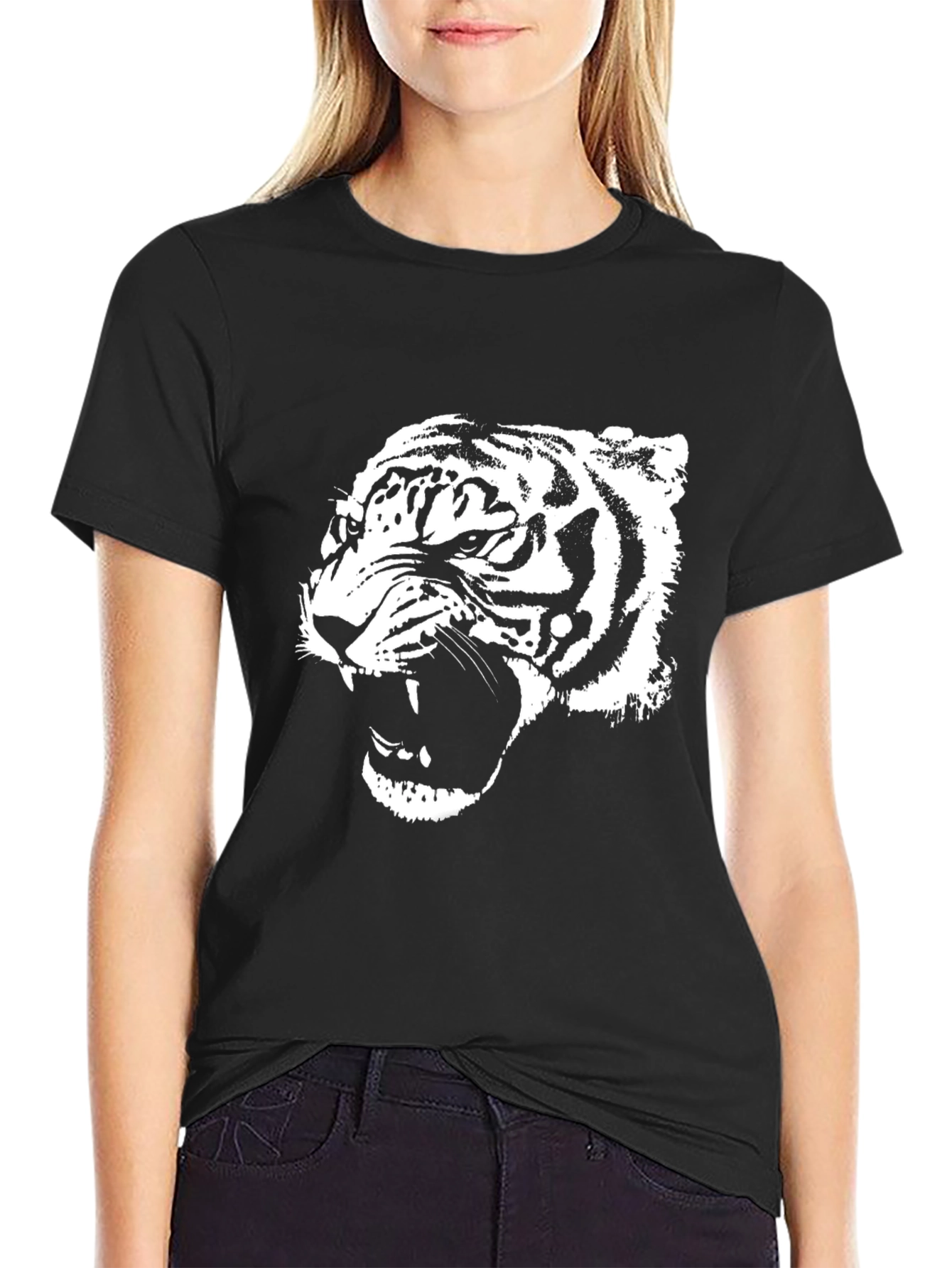 Black Black T-Shirt with White Tiger Graphic view 2