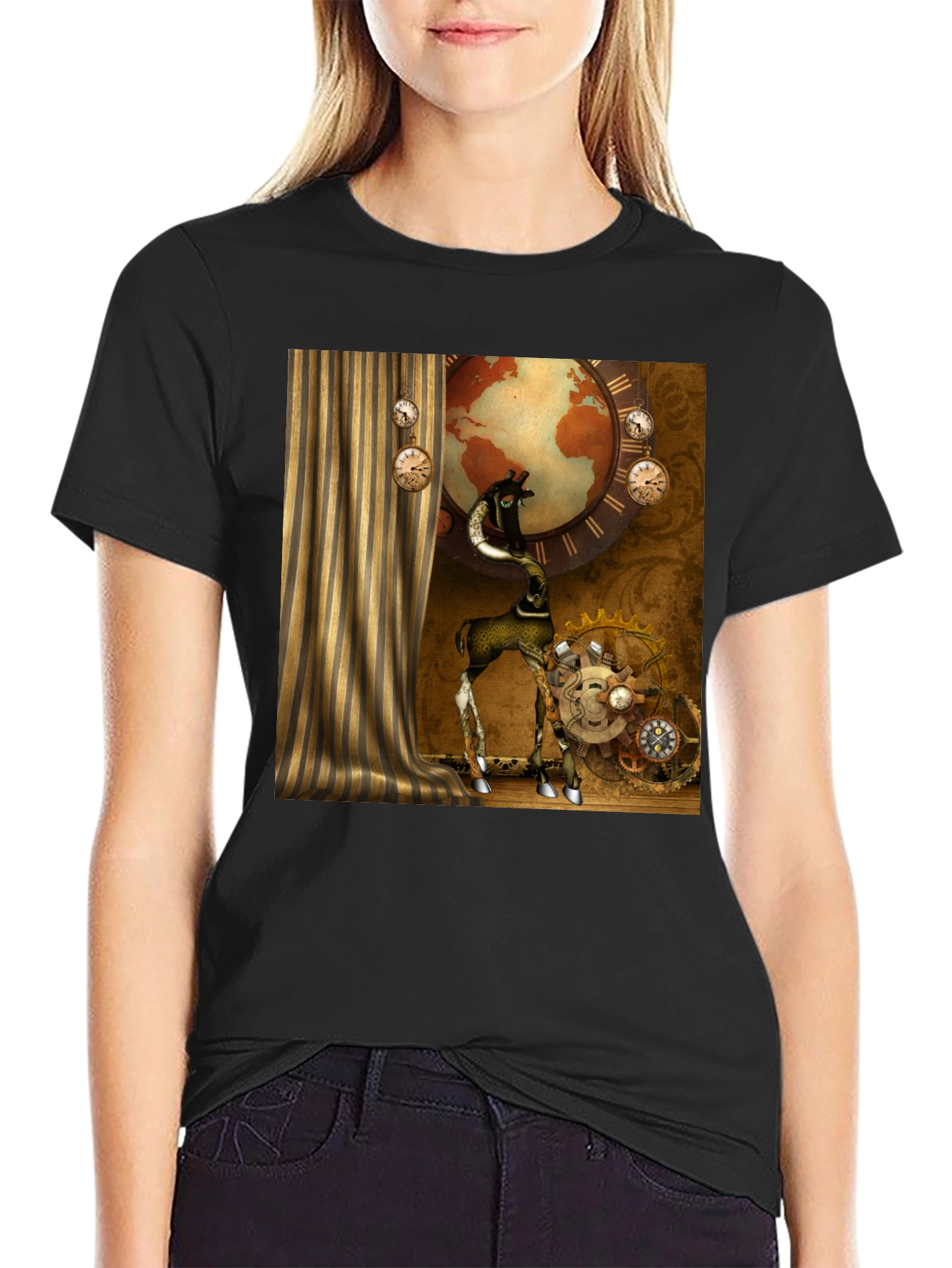 Black Steampunk Giraffe T-Shirt view 2