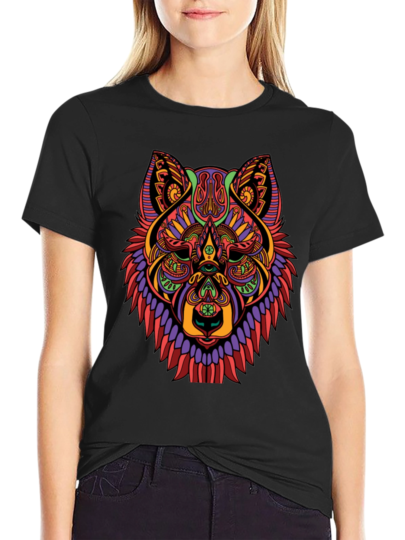 Black Psychedelic Wolf Graphic Print Black T-Shirt view 2
