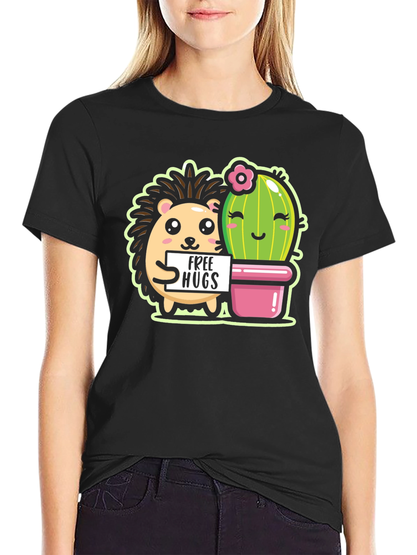 Black Cute Hedgehog & Cactus Free Hugs Black T-Shirt view 2