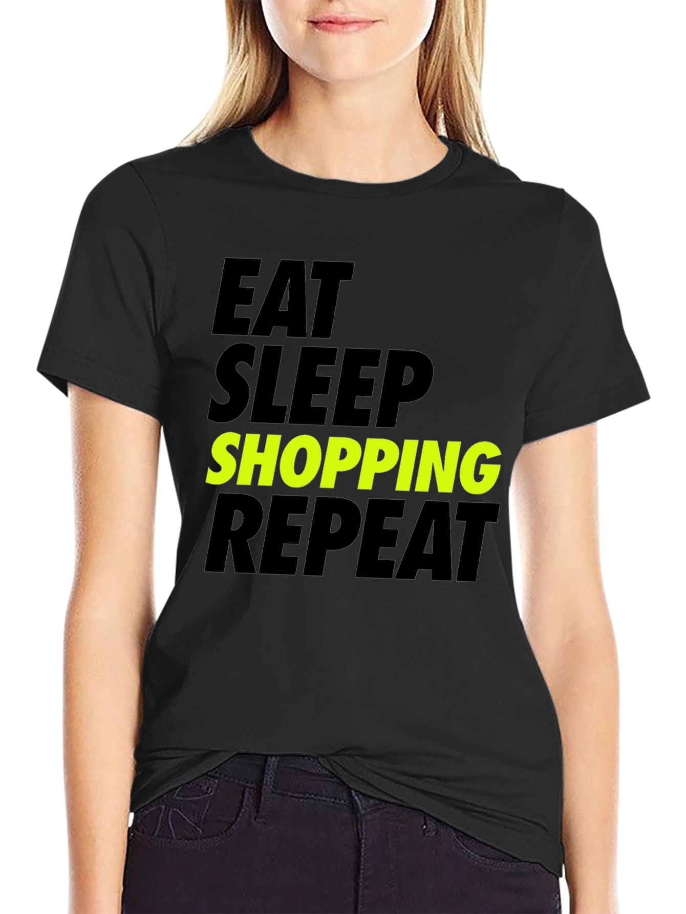 Black Eat Sleep Shopping Repeat T-Shirt - Black Cotton Tee view 2