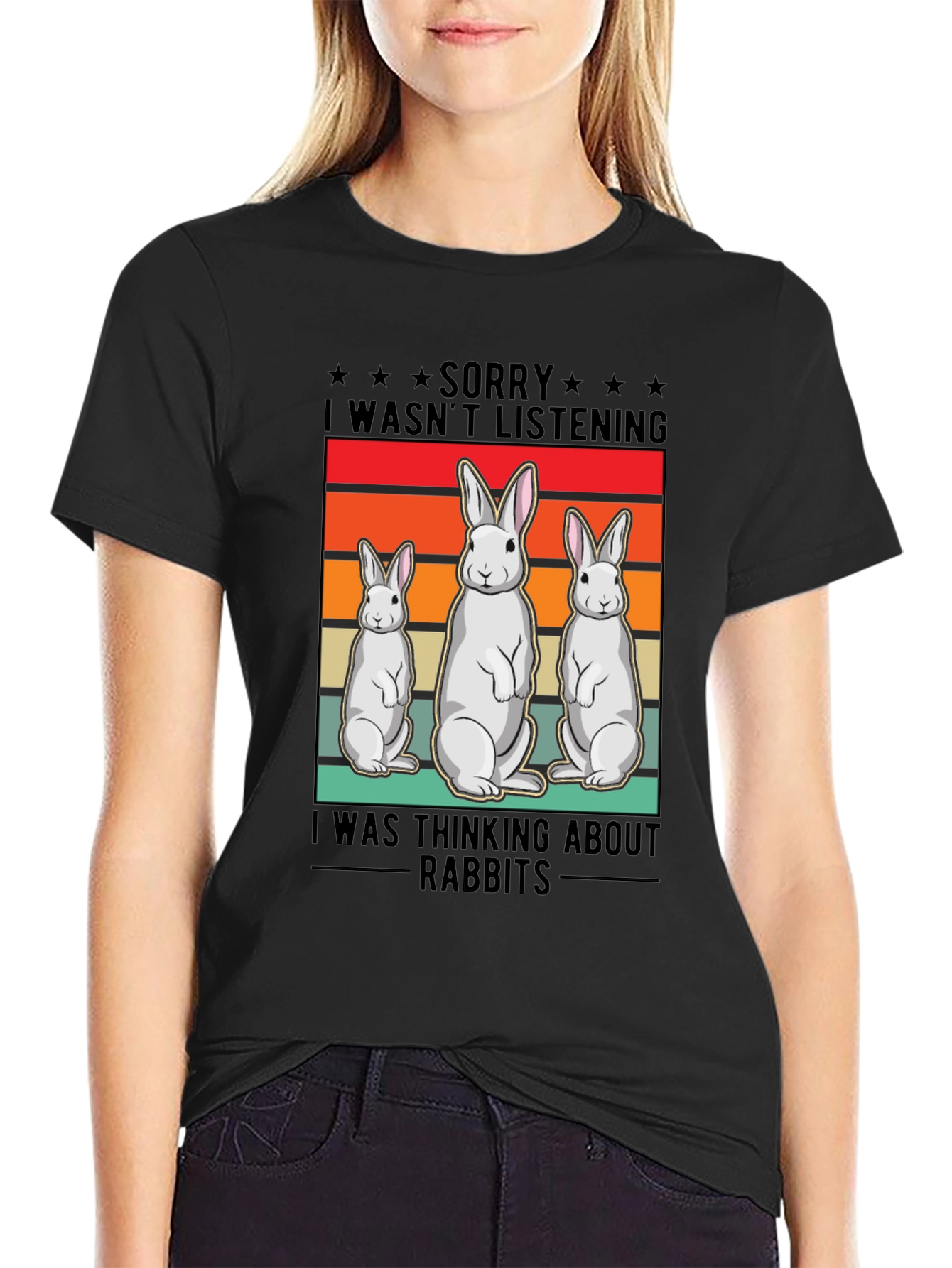 Black Funny Rabbit T-Shirt: "Sorry, Thinking About Rabbits" view 2