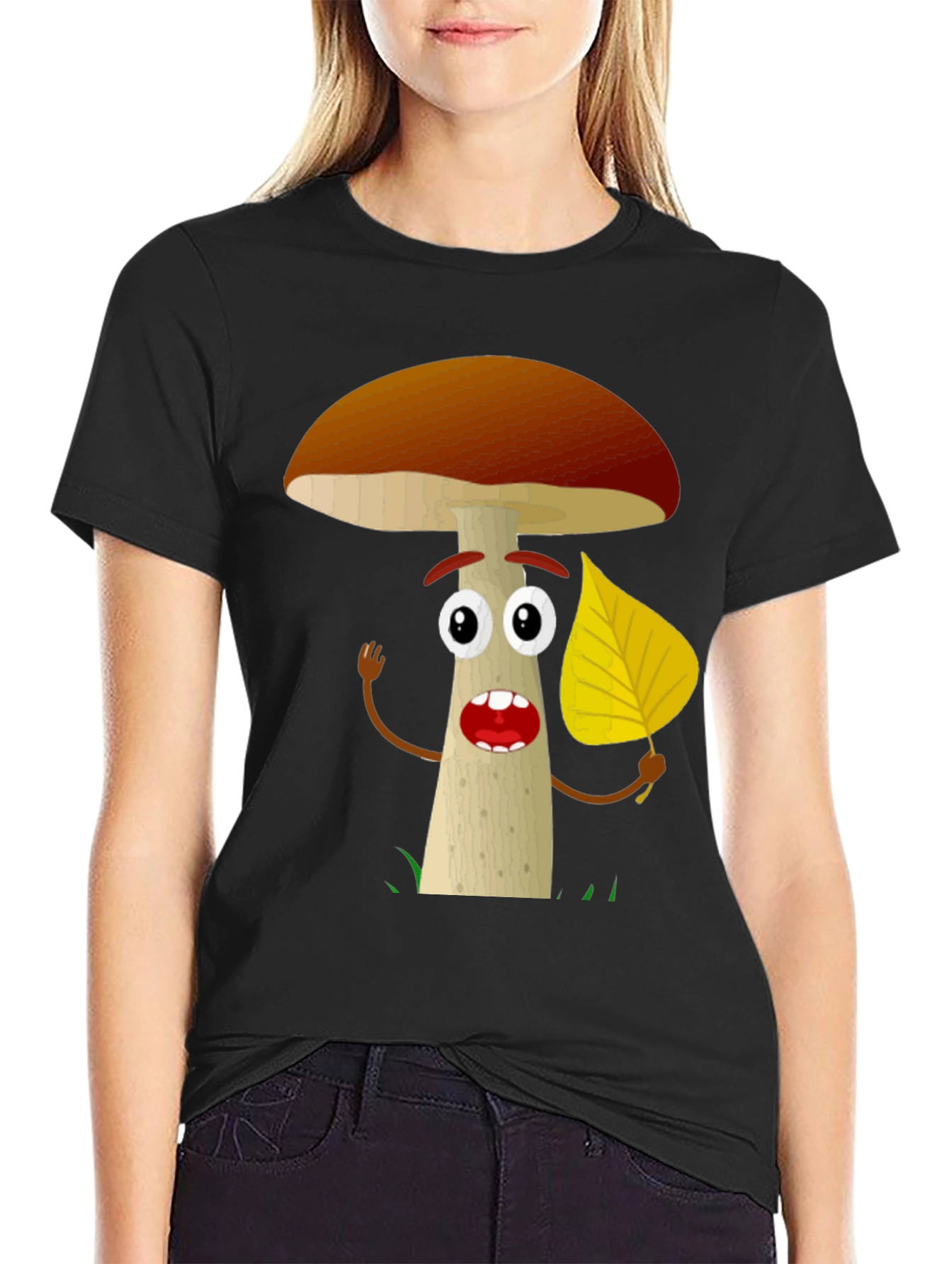 Black Cartoon Mushroom T-Shirt - Funny Nature Tee view 2