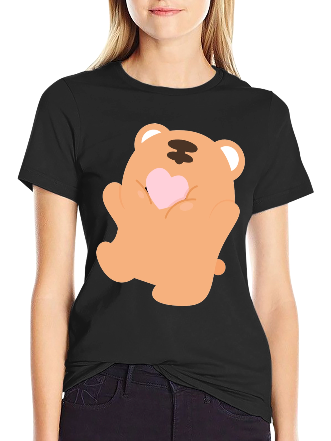 Black Cute Bear Holding Heart Graphic Tee view 2