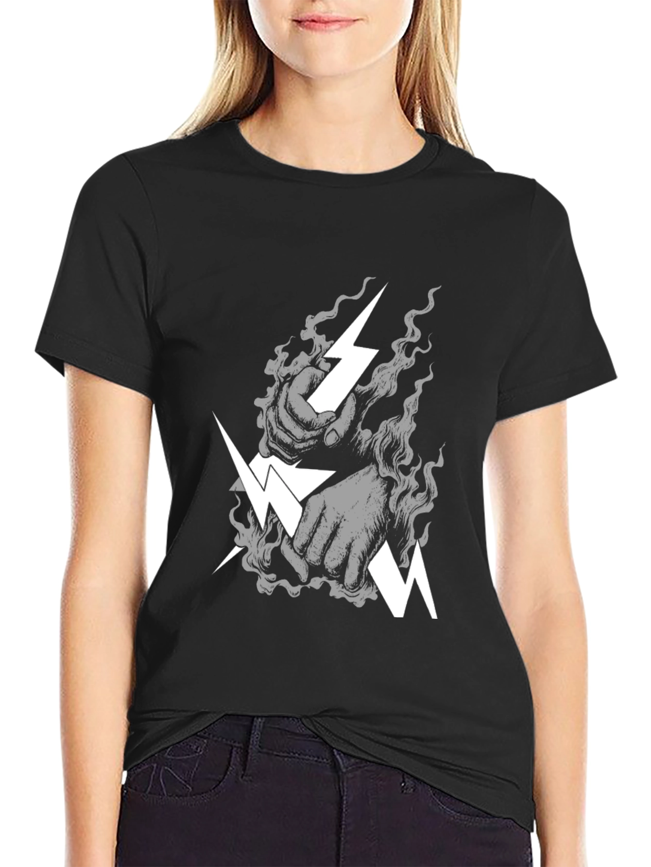 Black Stylish Black T-Shirt with Lightning Bolt Graphic view 2