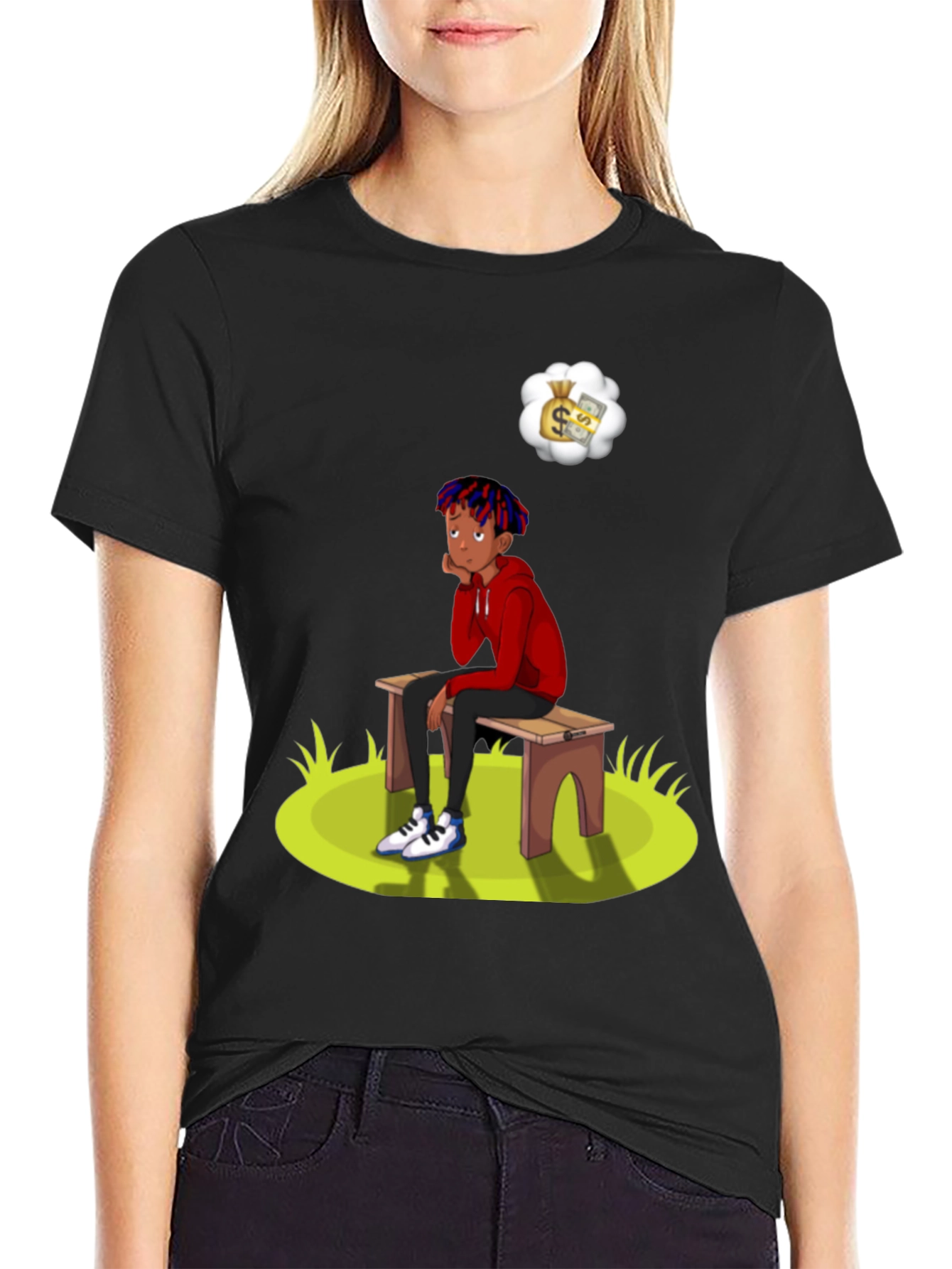 Black Cartoon Graphic Tee -  Boy on Bench Dreaming of Money view 2