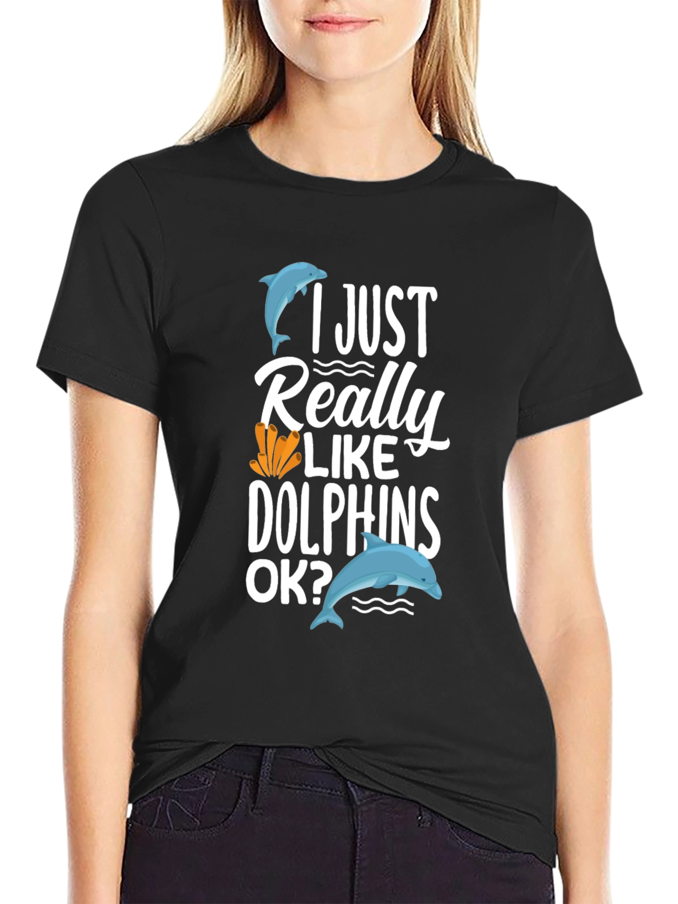 Black I Just Really Like Dolphins Graphic Tee view 2