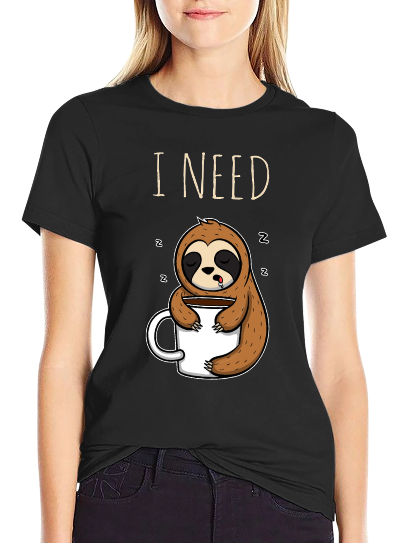 Black I Need Coffee Sloth T-Shirt view 2