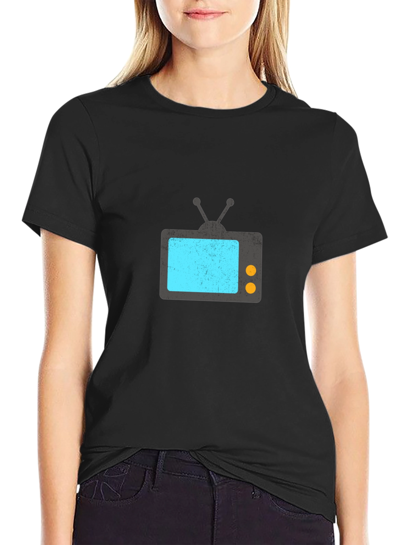 Black Retro TV Graphic Tee - Black Casual T-Shirt view 2
