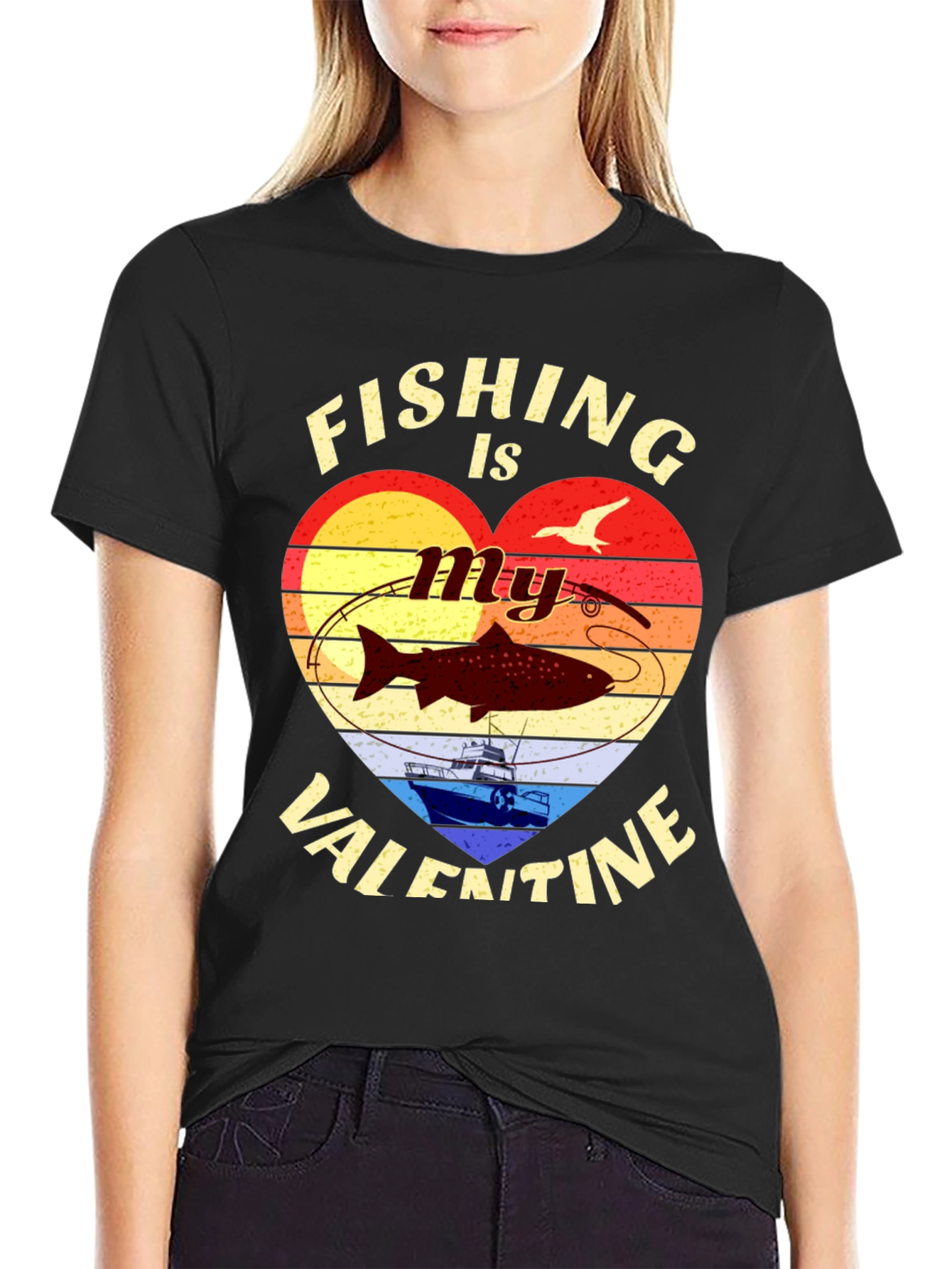 Black Fishing Valentine's Day Graphic T-Shirt view 2