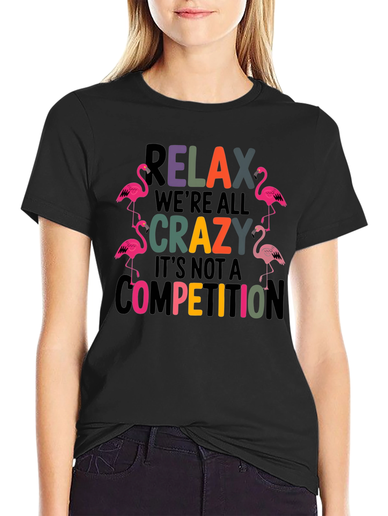 Black Relax We're All Crazy Flamingo T-Shirt view 2