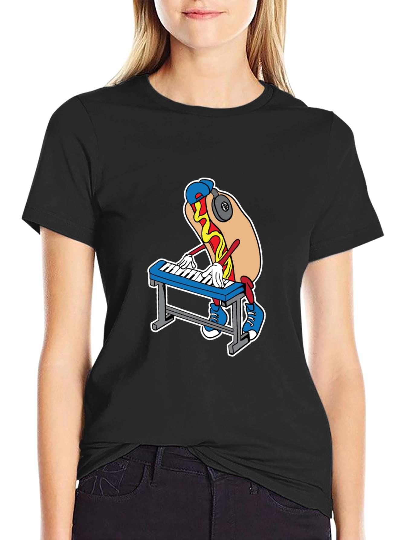 Black Cool Hotdog Keyboardist Graphic Tee view 2